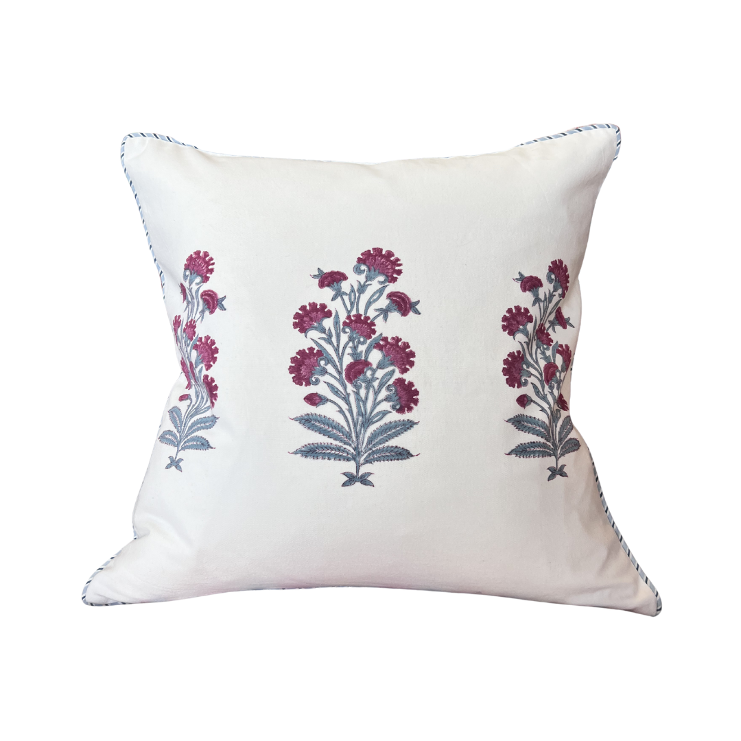 Linen Deep Pink Floral Cushion with Blue Stripe Piping