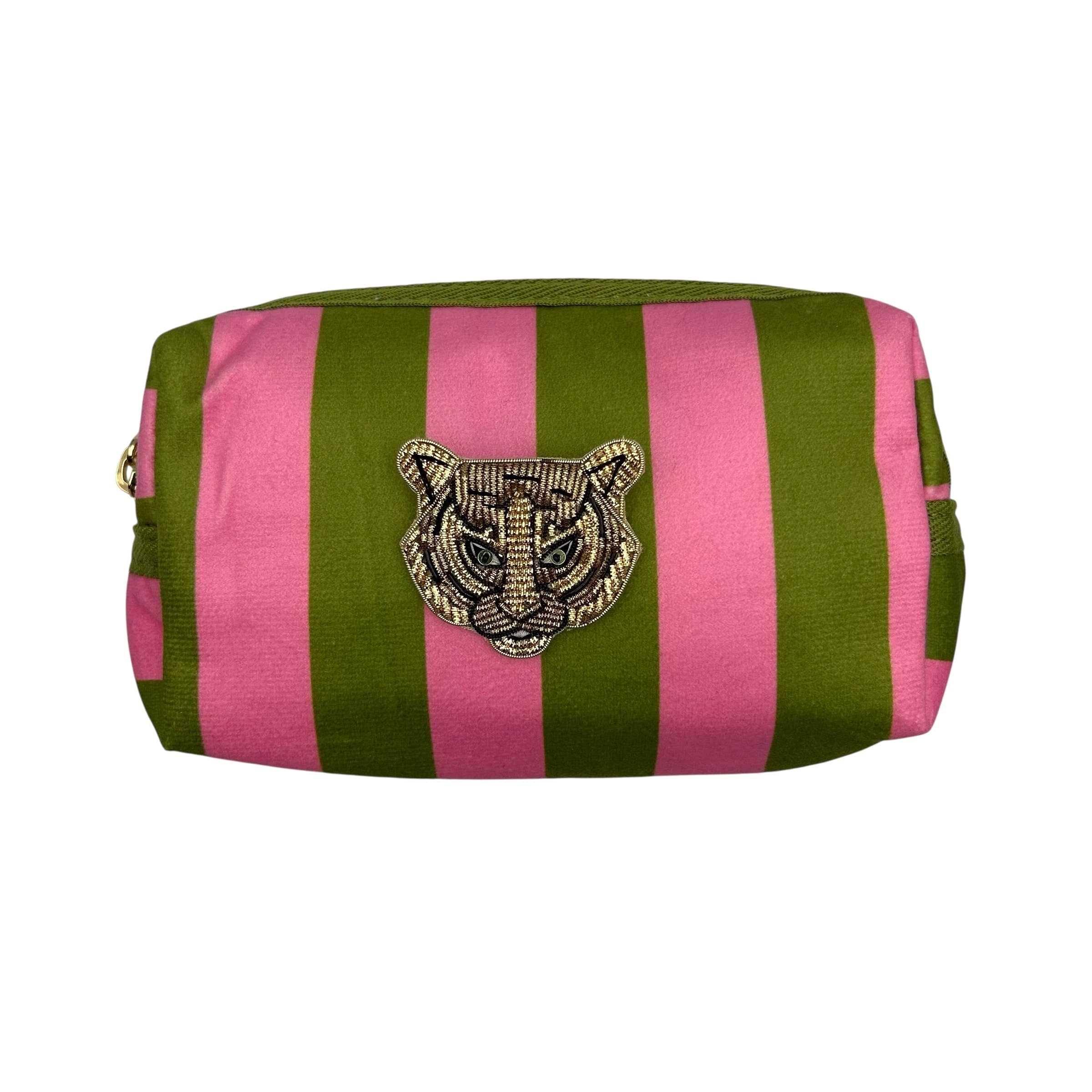 Chartreuse stripe makeup bag & Tiger Head Brooch