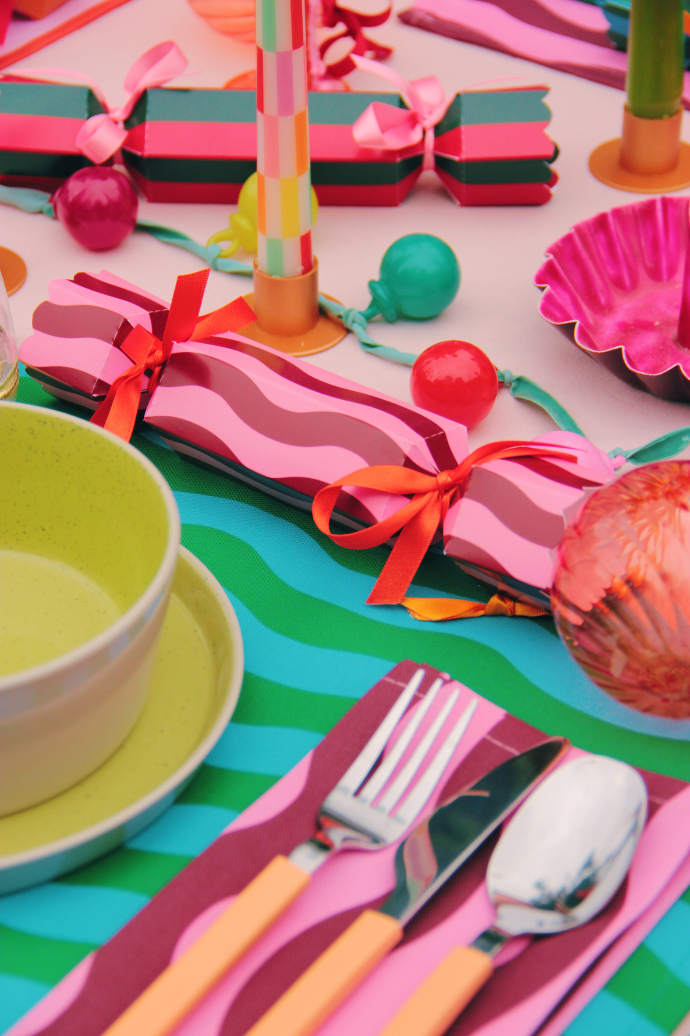 Blue and Green Stripe Pattern Christmas Crackers
