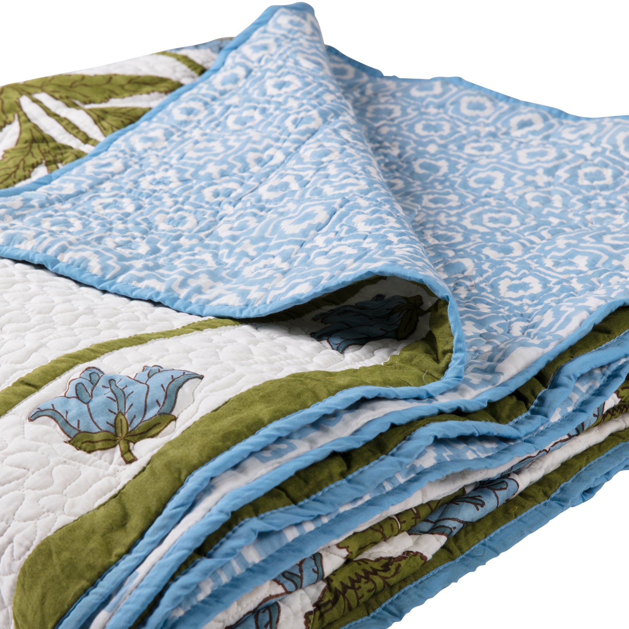 Blue Alotablots and Flowers - King Quilted Bedspread