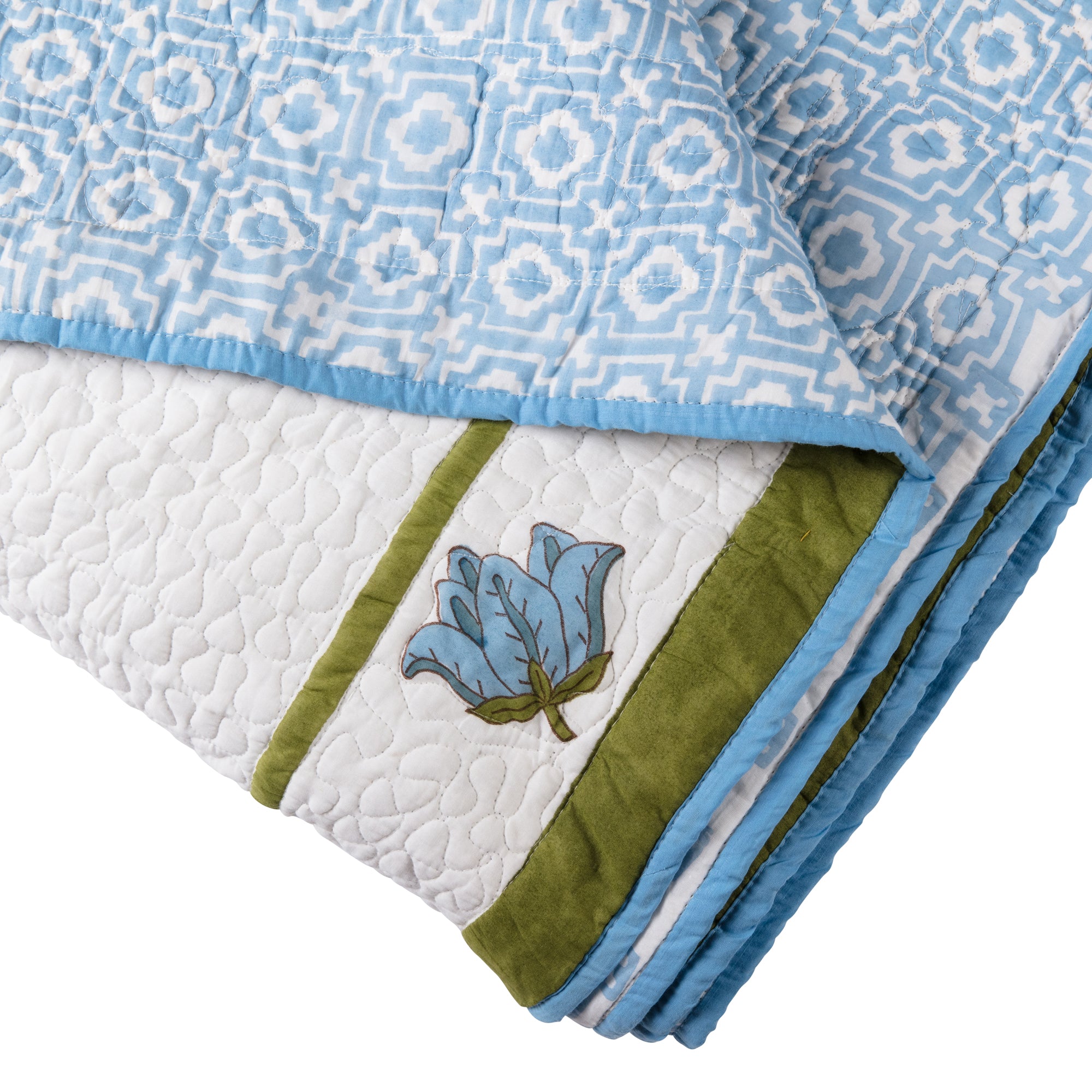 Blue Alotablots and Flowers - King Quilted Bedspread