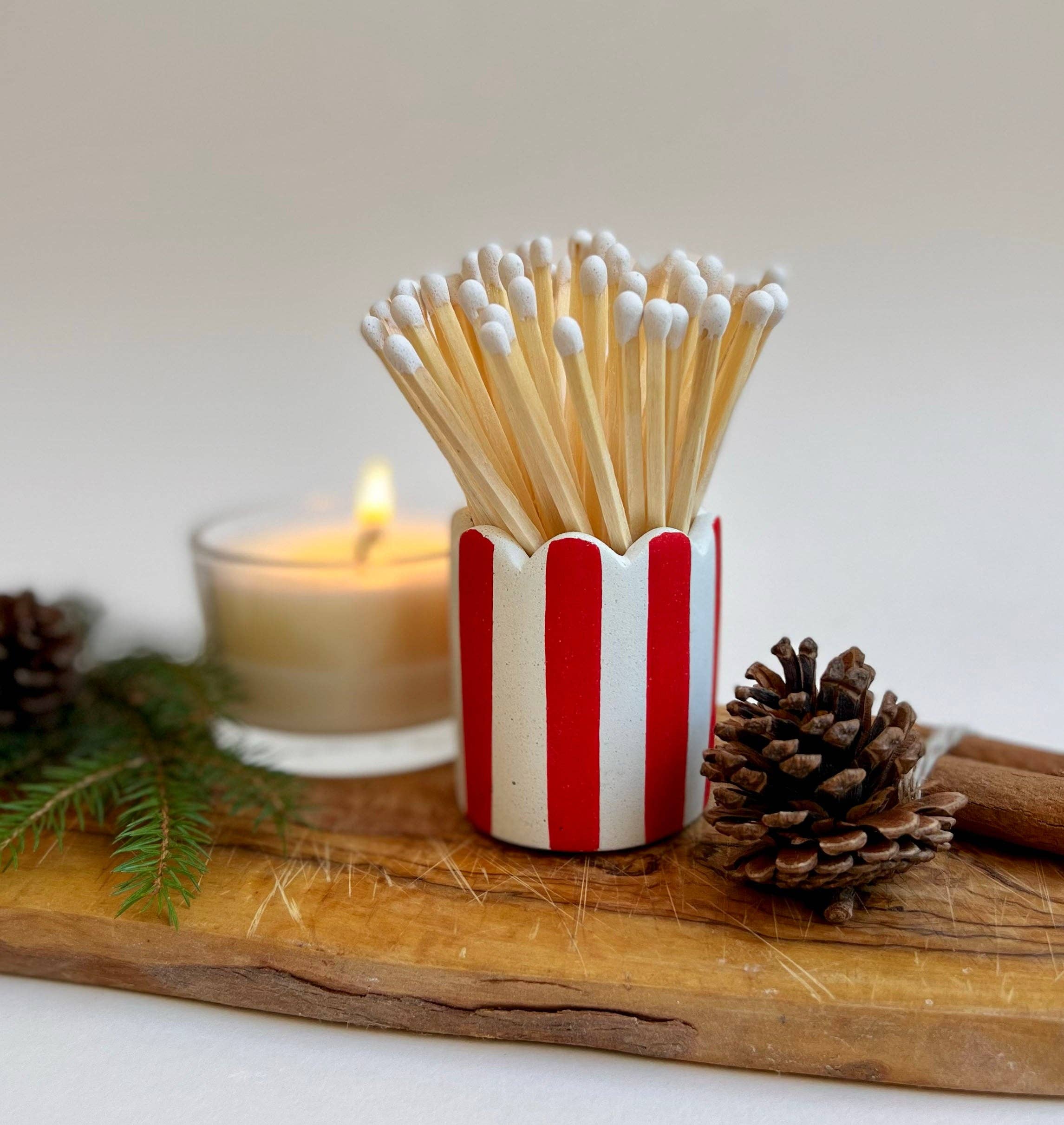 Stripy Match Stick Holders - Choose Your Colours: Mid Green / Peach Stripe