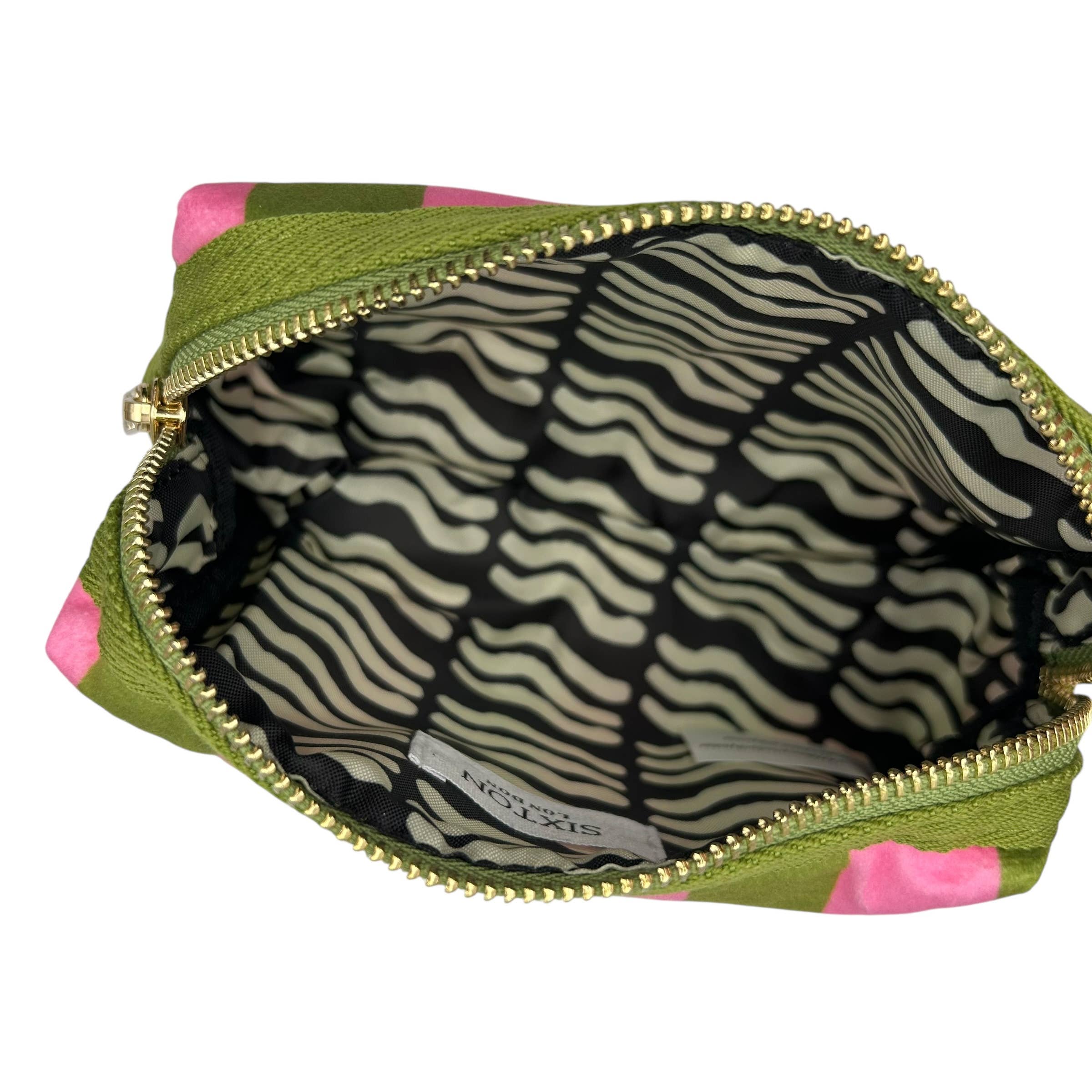 Chartreuse stripe makeup bag & Tiger Head Brooch
