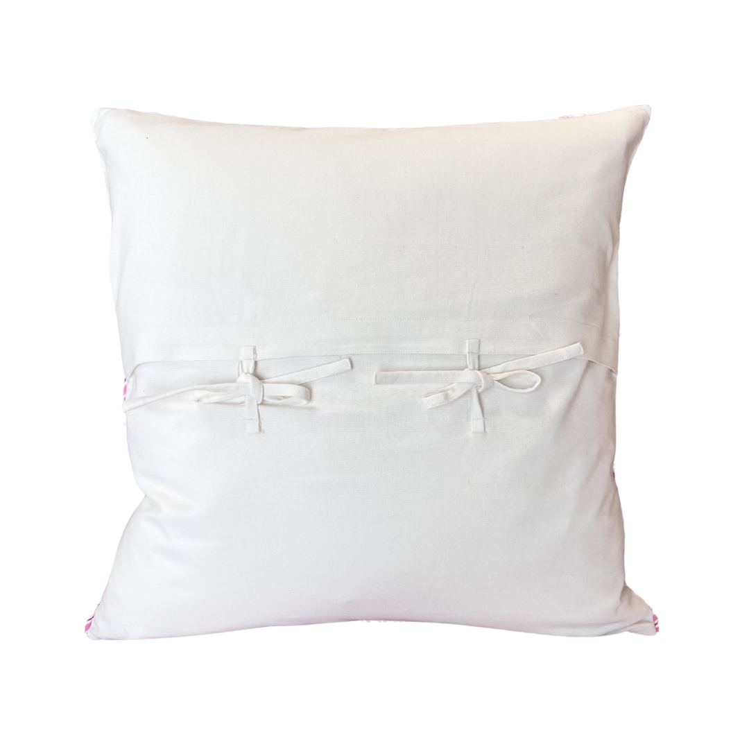 Linen Cushion | Deep Pink Floral Clusters with Pink & Red Piping