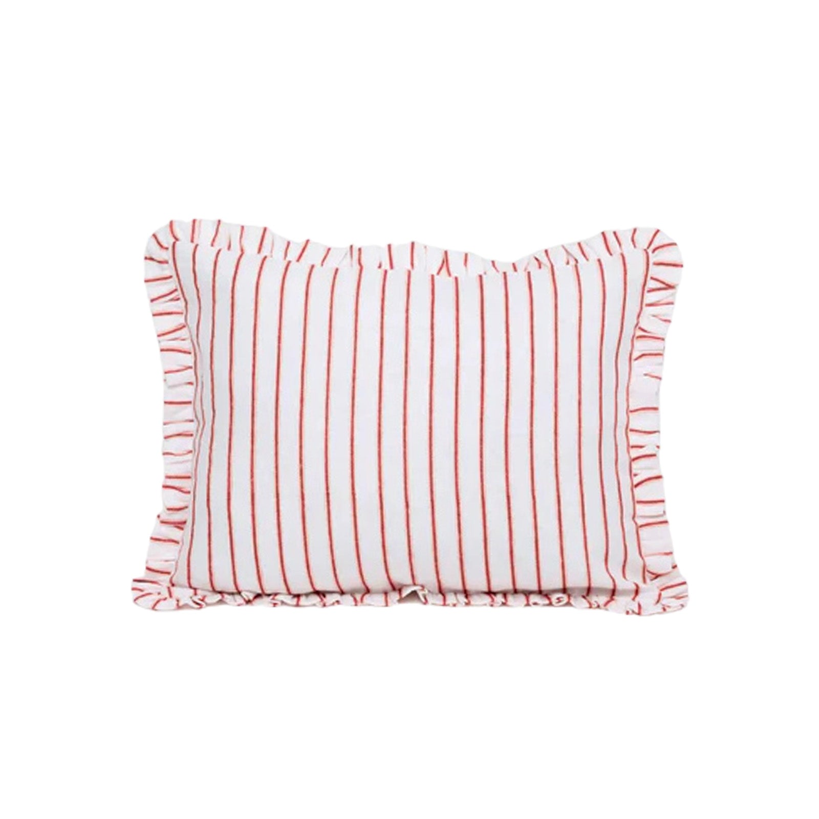 Striped pillow with ruffled edges on a white background