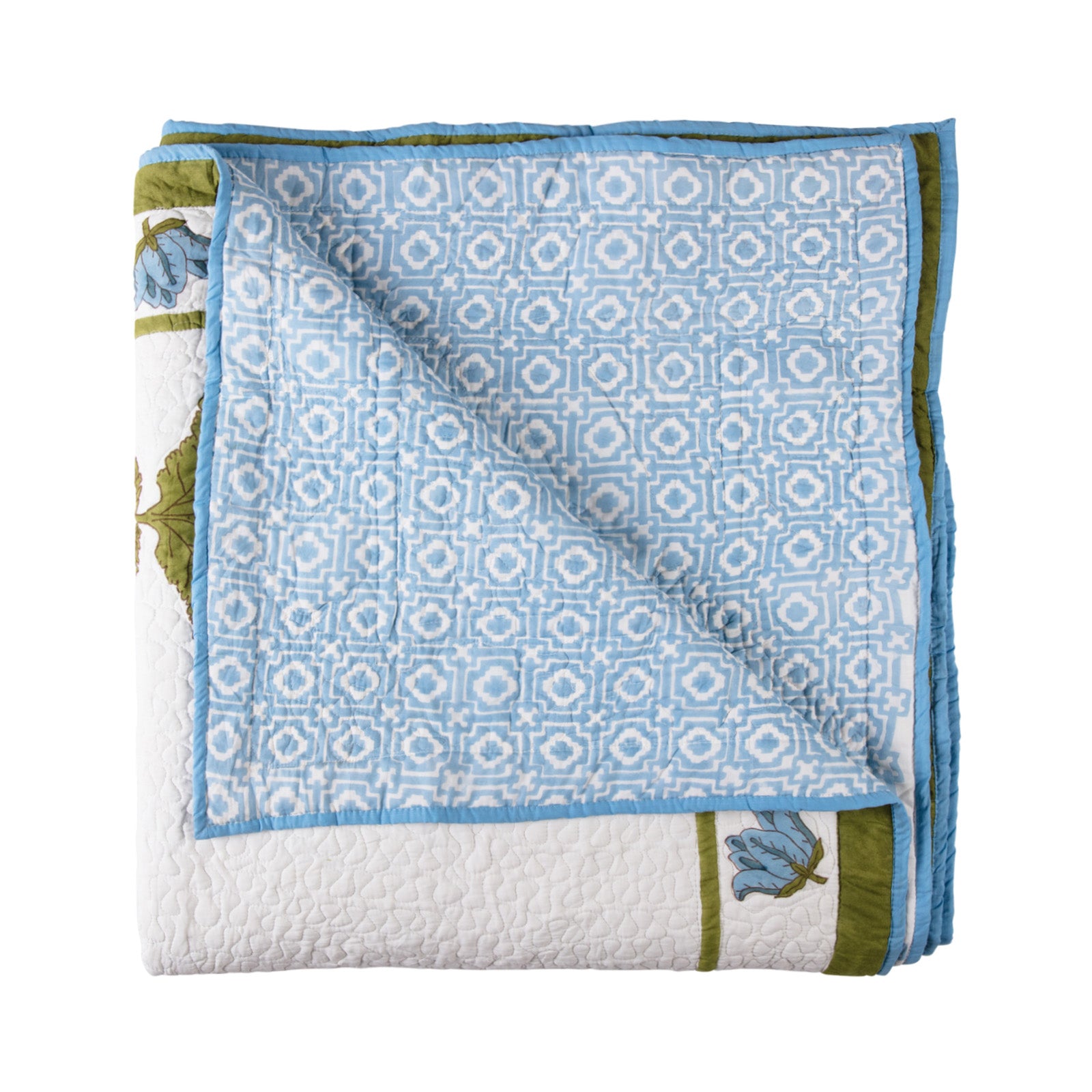 Blue Alotablots and Flowers - King Quilted Bedspread