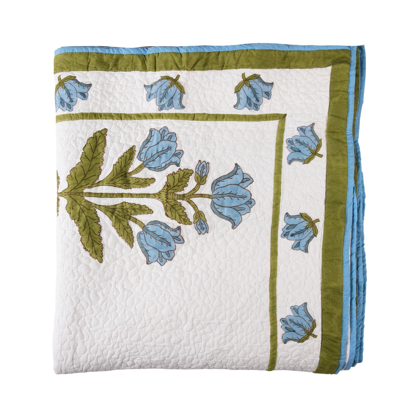 Blue Alotablots and Flowers - King Quilted Bedspread