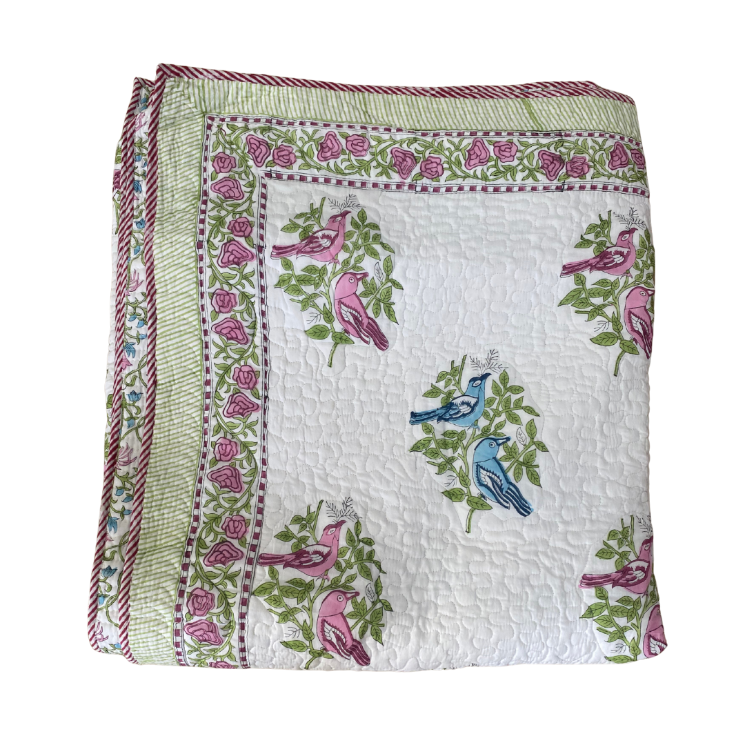 Blue and Pink Birds Bedspread with Pillowcases - Double