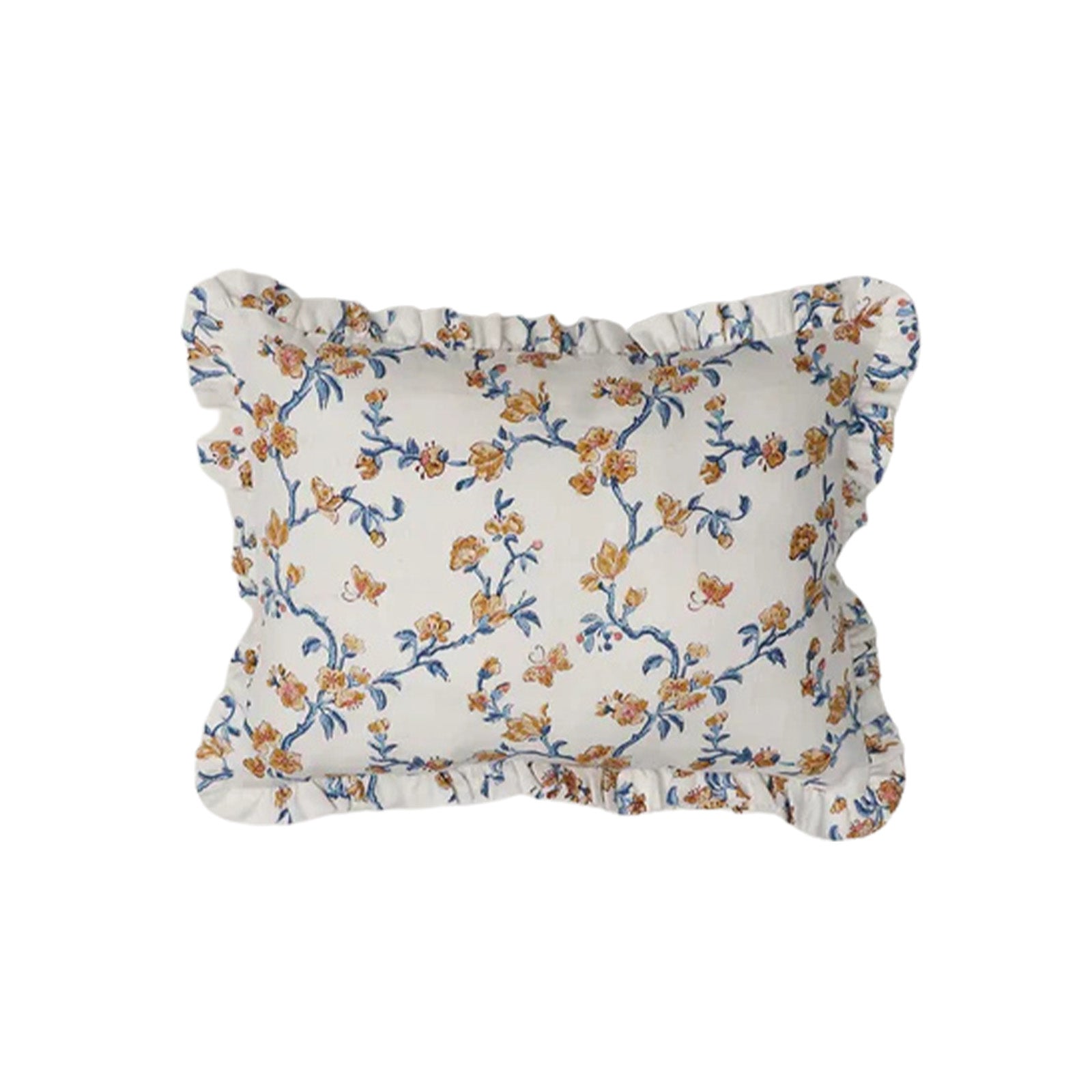 Cherry Blossom Block Printed Ruffled Cushion Cover