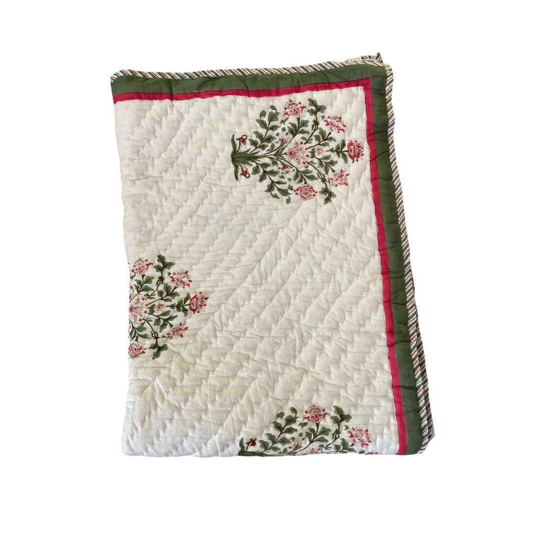 Cotton Quilted Bedspread Red Flower with Green Stem - Single