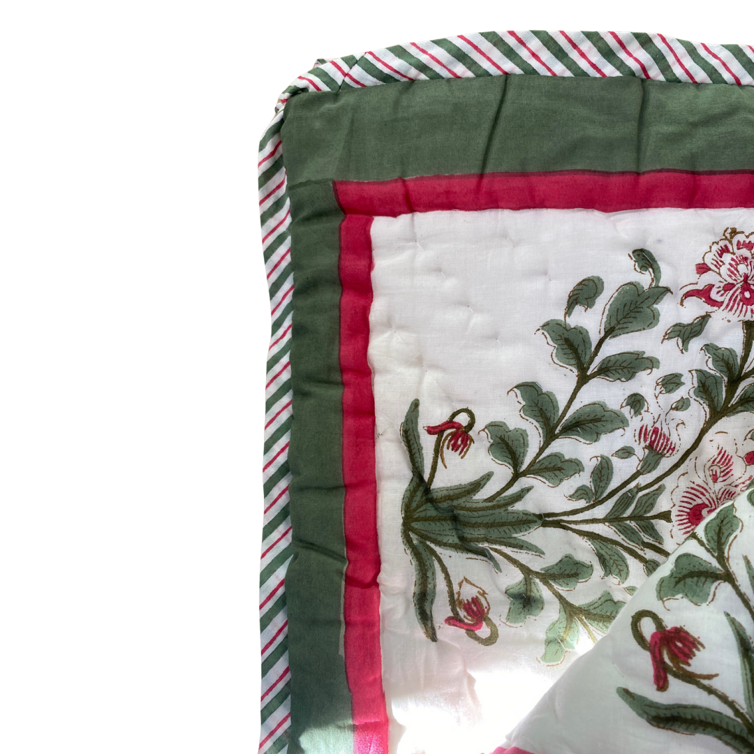 Cotton Quilted Bedspread Red Flower with Green Stem - Single