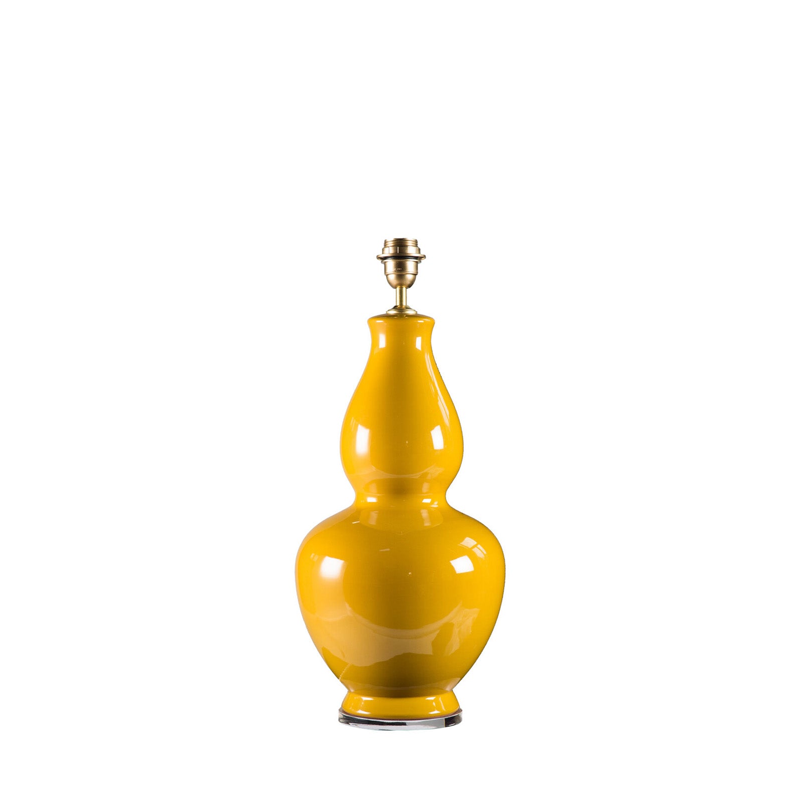 A yellow ceramic lamp base with an acrylic top, designed to accommodate a bulb and lampshade