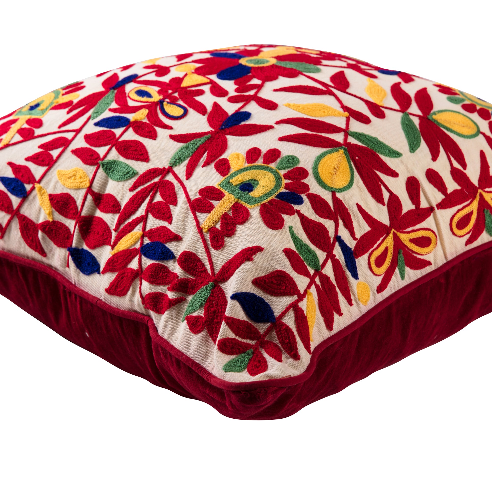 Embroidered Cushion with Red Velvet Back