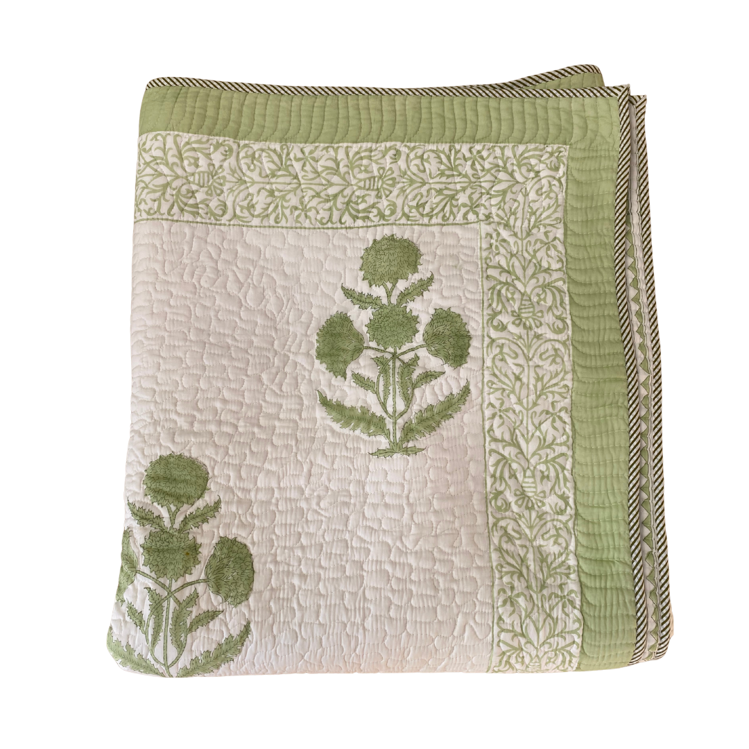 Green Hydrangea Flower Quilted Bedspread with Pillowcases - King