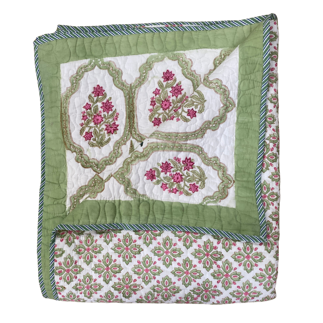 Green Tree and Pink Flower Cotton Quilted Bedspread - Double