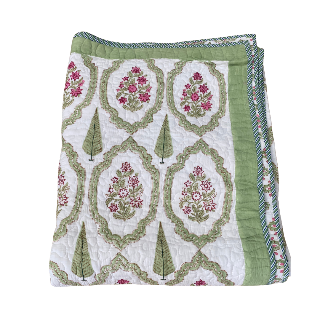 Green Tree and Pink Flower Cotton Quilted Bedspread - Double