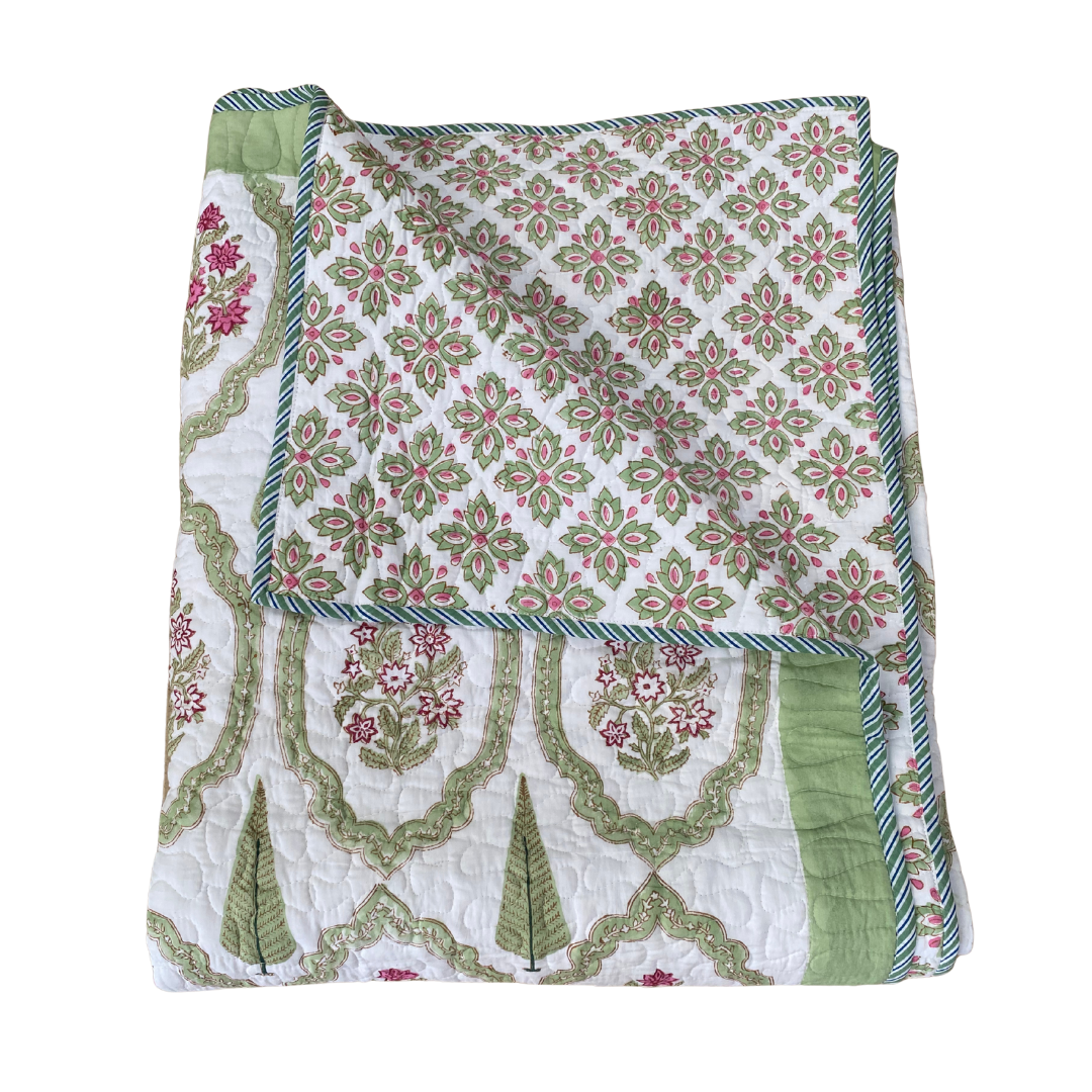 Green Tree and Pink Flower Cotton Quilted Bedspread - Double