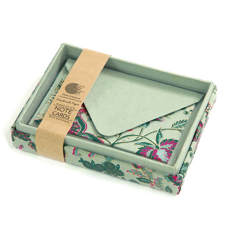 Handmade Green Floral Note Card Set In A Keepsake Box