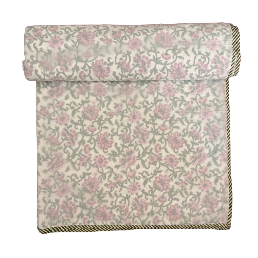 NEW IN | Pretty Pink and Green Floral Vine with Stripe Trim Dohar - Double