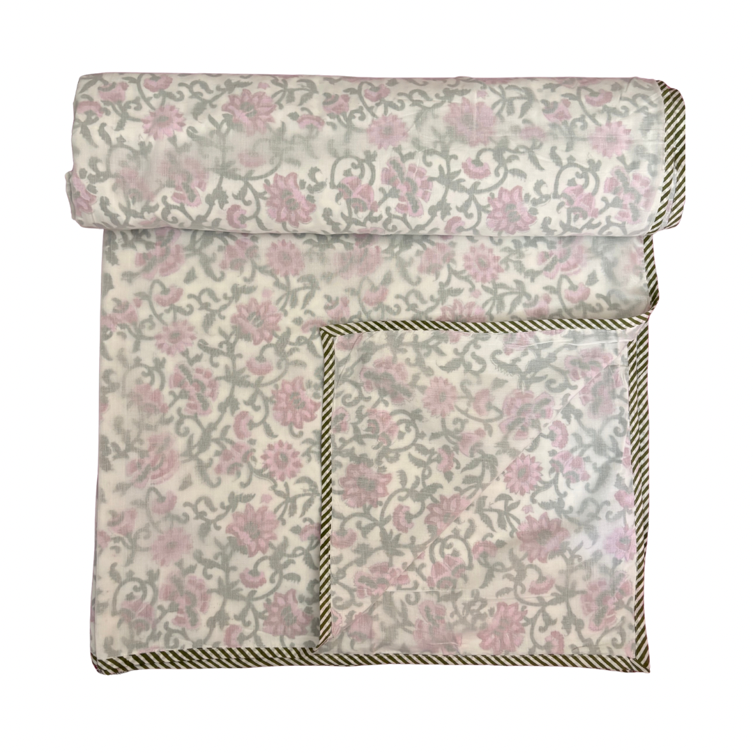 NEW IN | Pretty Pink and Green Floral Vine with Stripe Trim Dohar - Double