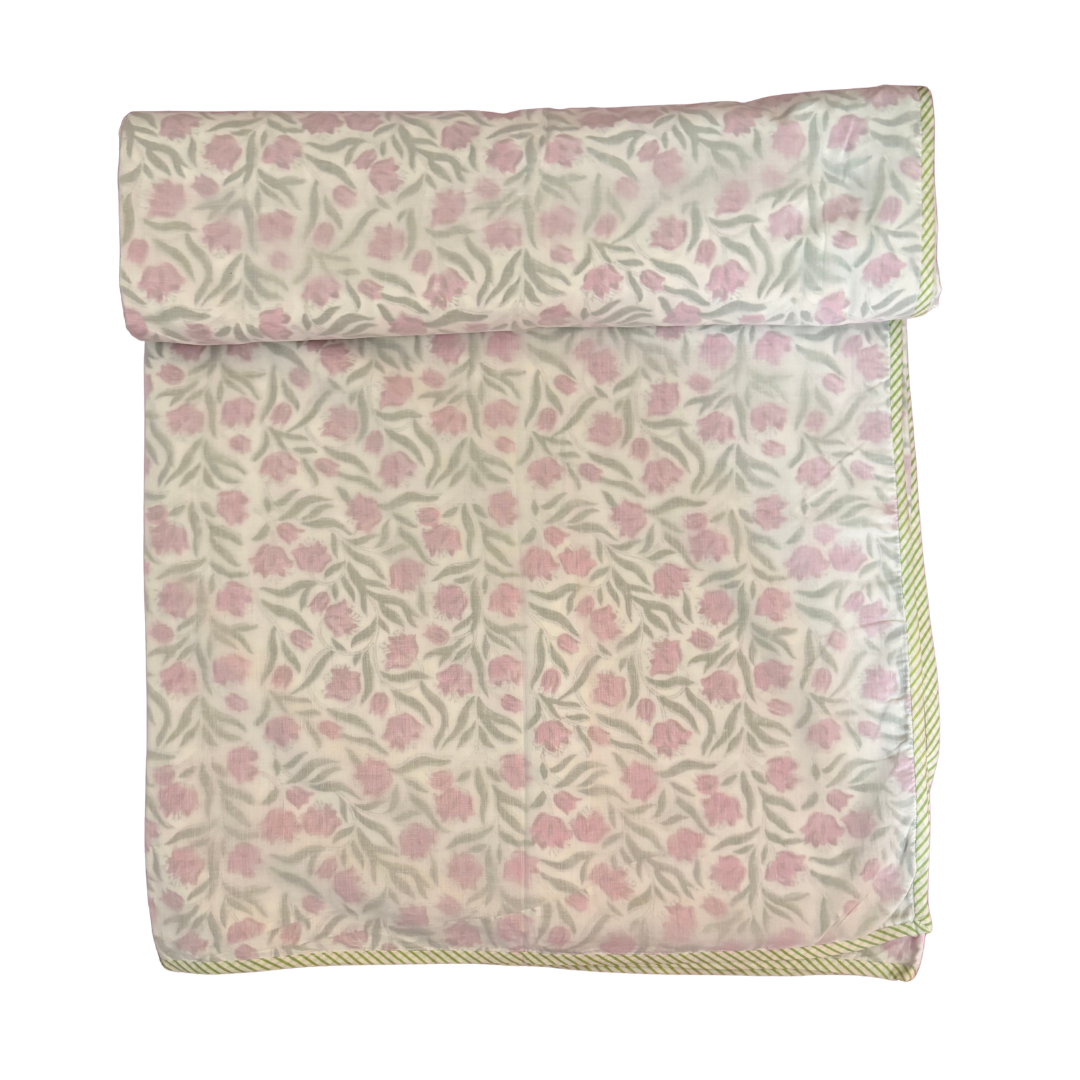 NEW IN | Pink andLight Green Posy Scatter with Stripe Trim Dohar - Double