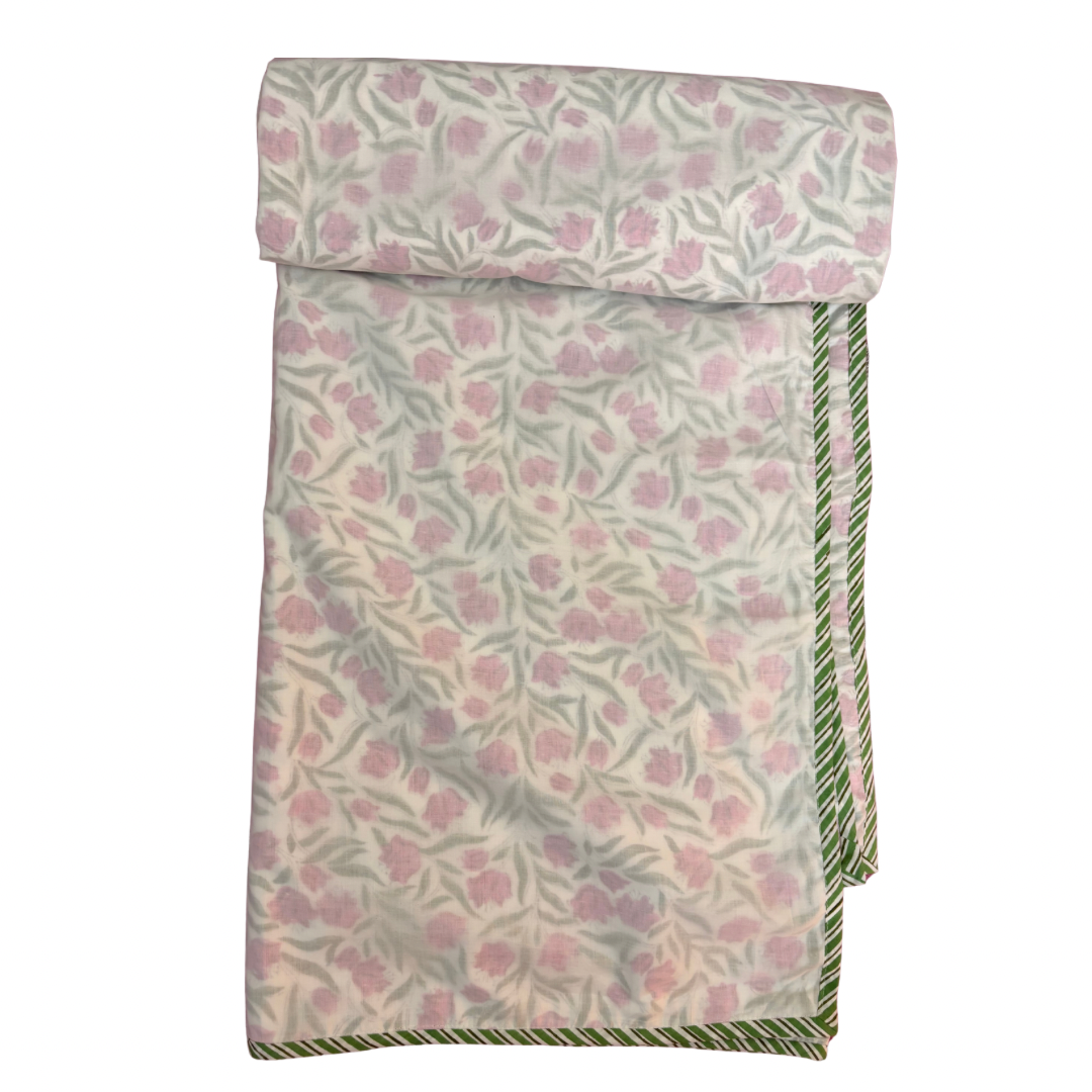 NEW IN | Pink and Light Green Posy Scatter with Double Stripe Trim Dohar - Single Dohar