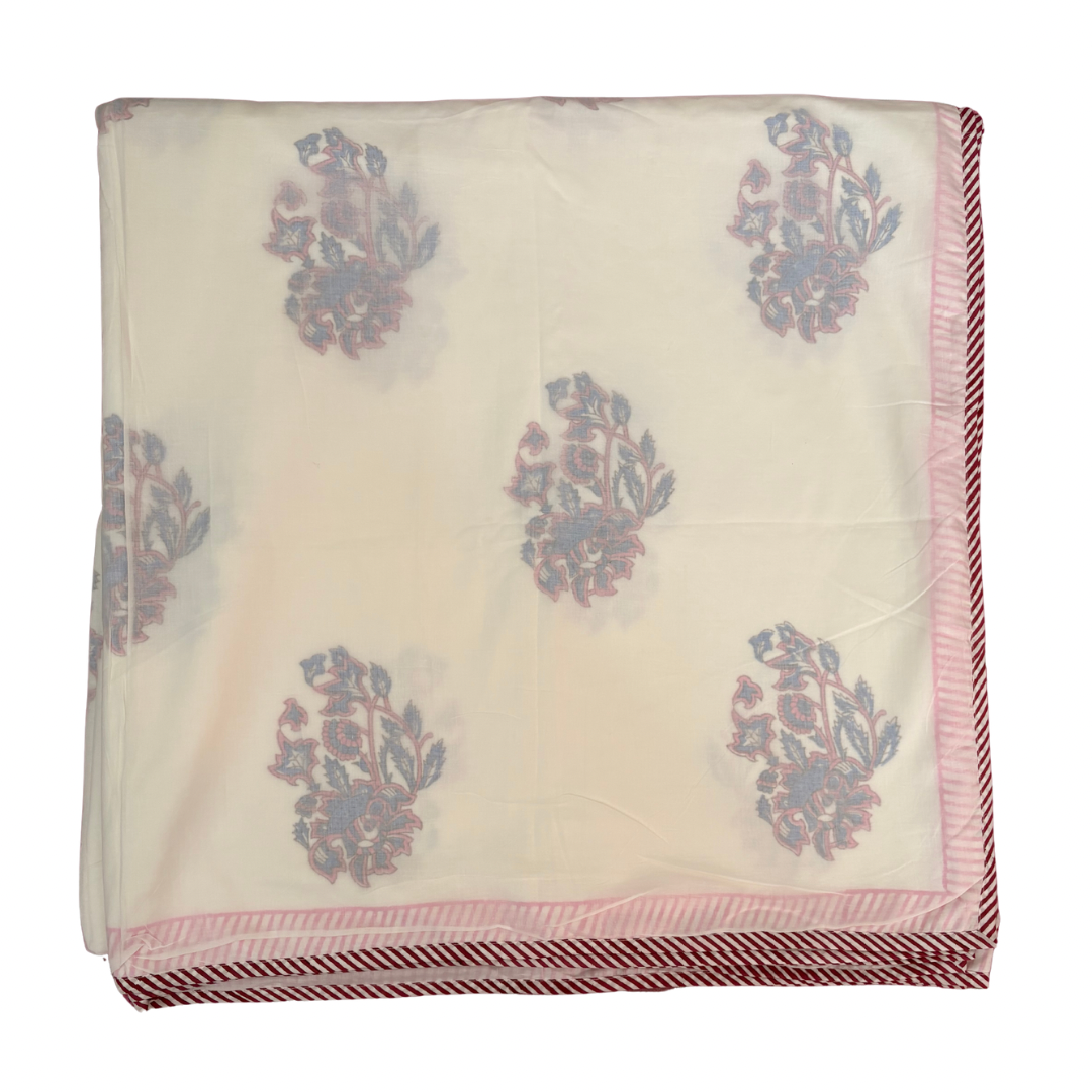 NEW IN | Pink and Blue Abstract Floral Bunch with Baby Pink and Port Stripe Border - King / Super King Dohar