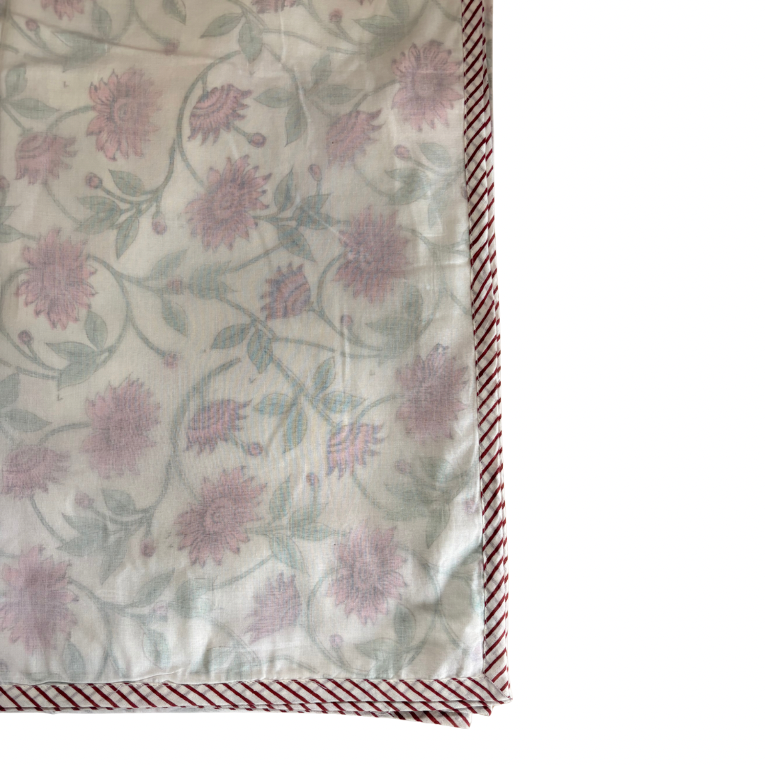 NEW IN | Pink Flowers and Buds with Sprawling Stems with Rust Stripe Trim Dohar - Double