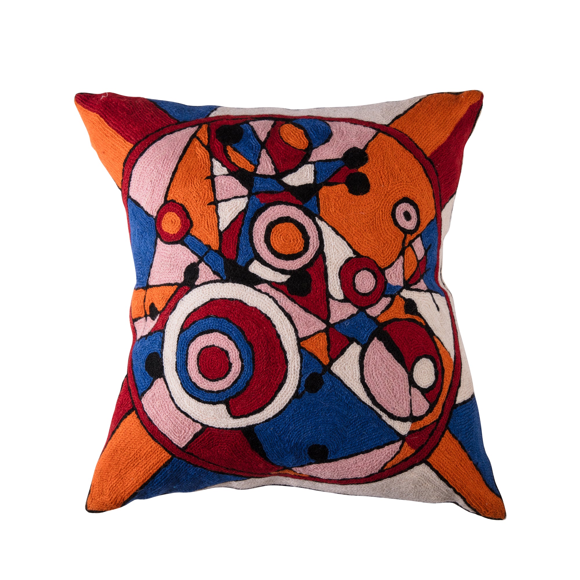 Embroidered Geometric Cushion 45 x 45 Pink & Orange