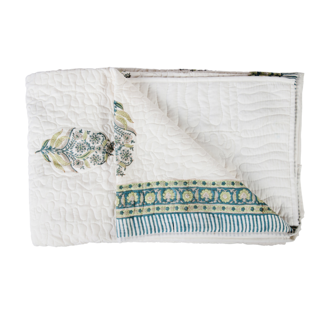Indira | Blue & Green Floral Bedspread