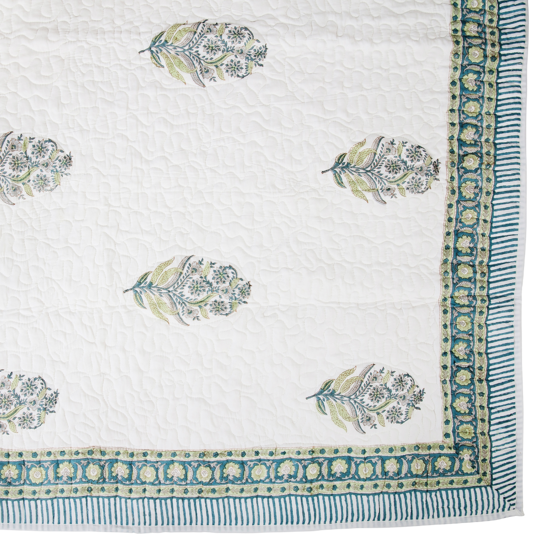 Indira | Blue & Green Floral Bedspread