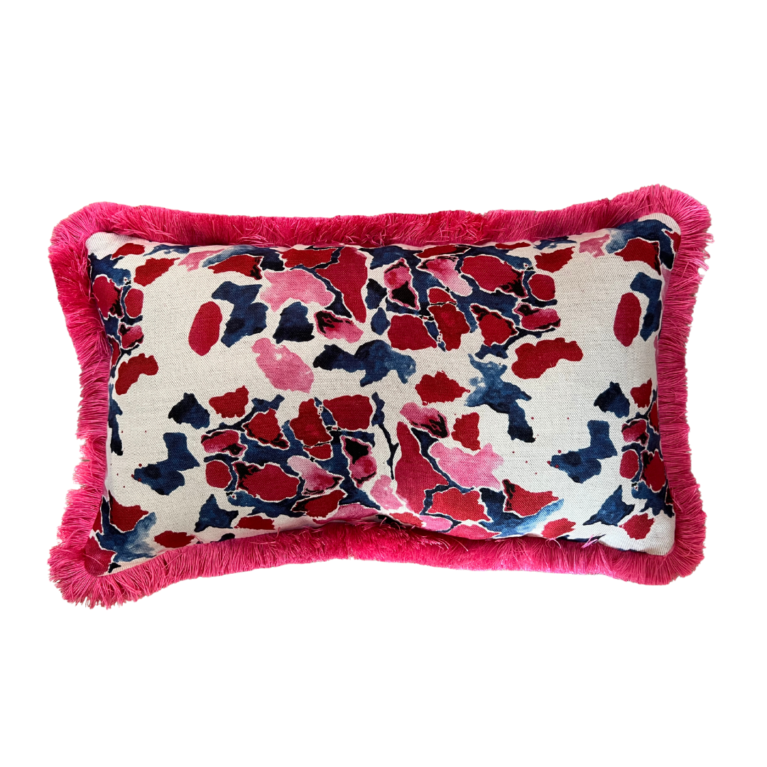 Ink Blot Lumbar Cushion with Fuchsia Fringe