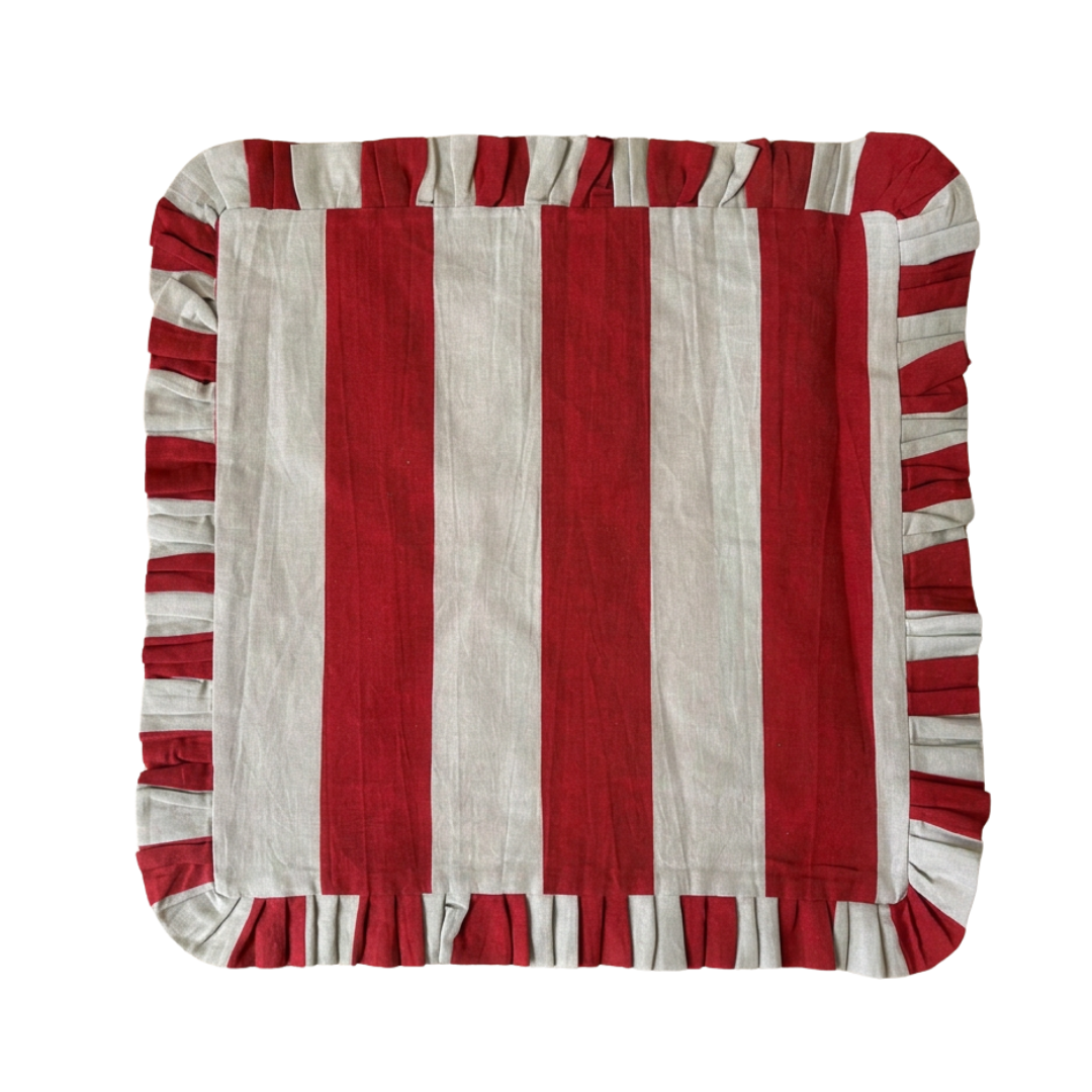 Linen Ruffle Cushion Cover - Red and Beige