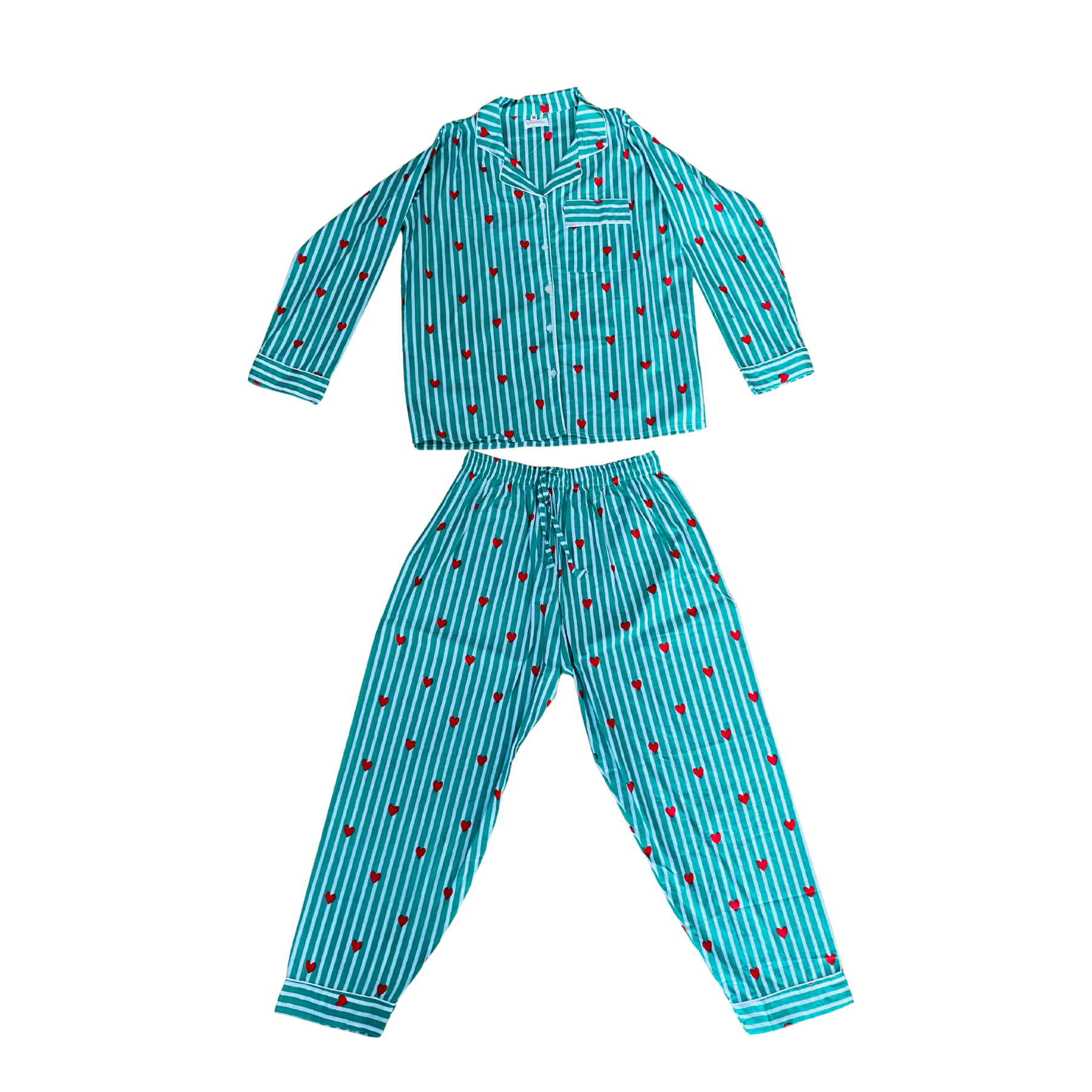 Kelling Home Block Print Cotton Pyjama Set – Green Stripe & Heart