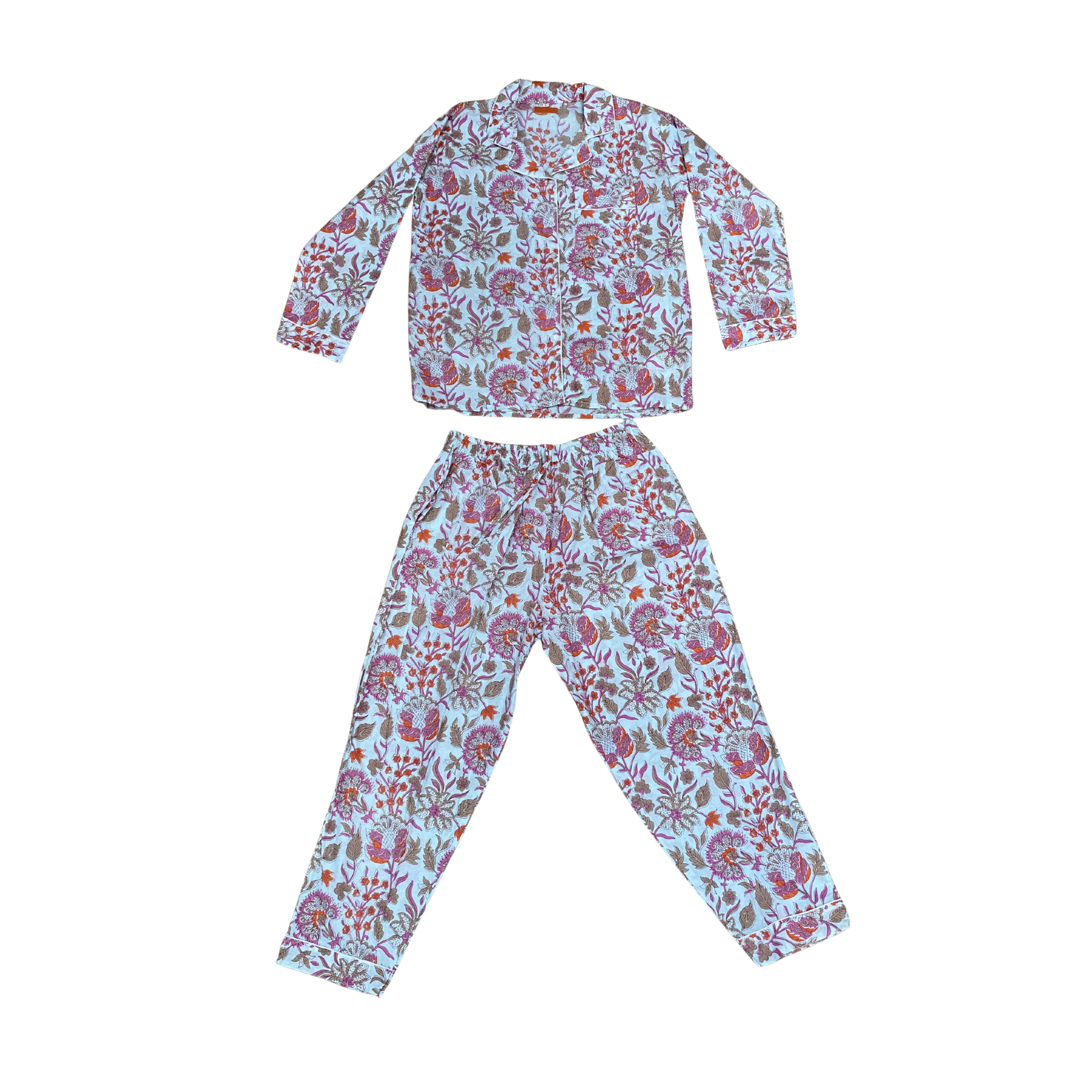 Kelling Home Block Print Cotton Pyjama Set – Lilac & Orange Floral Stems
