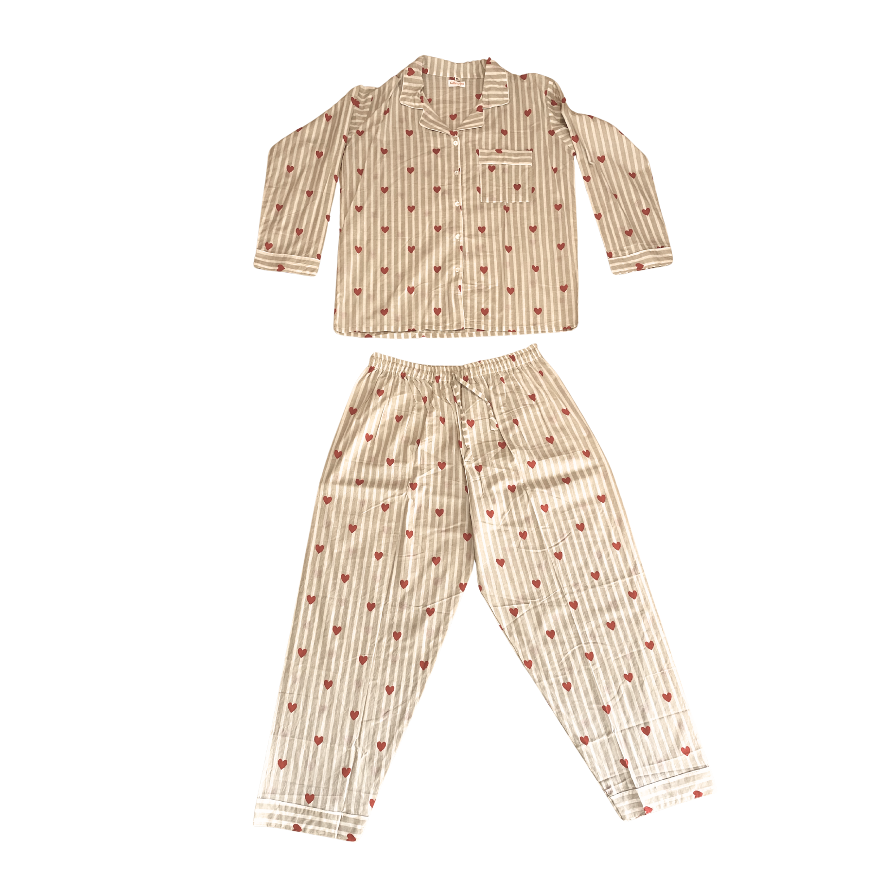 Kelling Home Cotton Pyjama Set – Oatmeal Stripe & Hearts