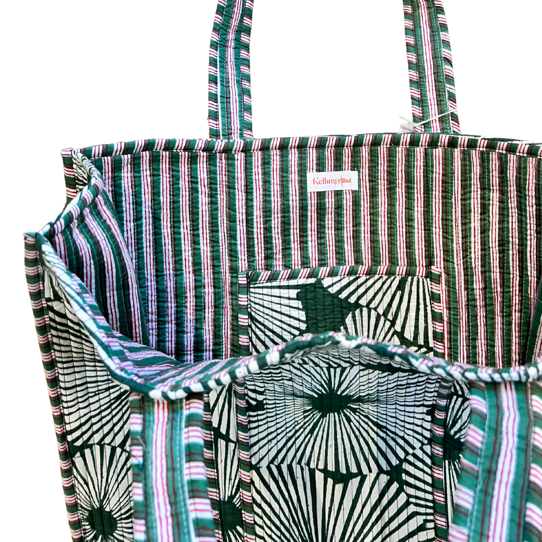 Kelling Home Cotton Tote Bag – Green & White Flower Burst