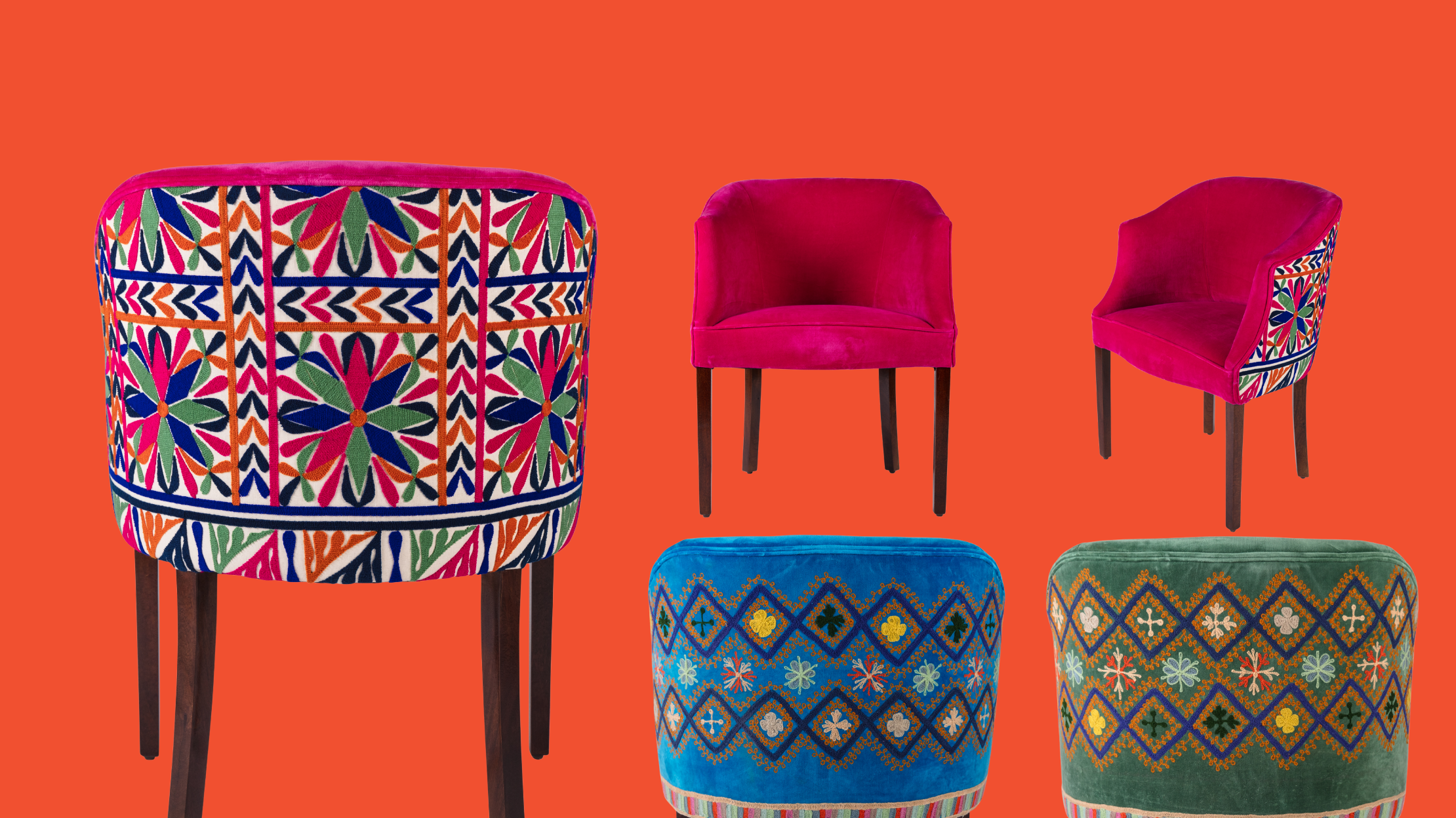 Colorful chairs with geometric patterns on an orange background