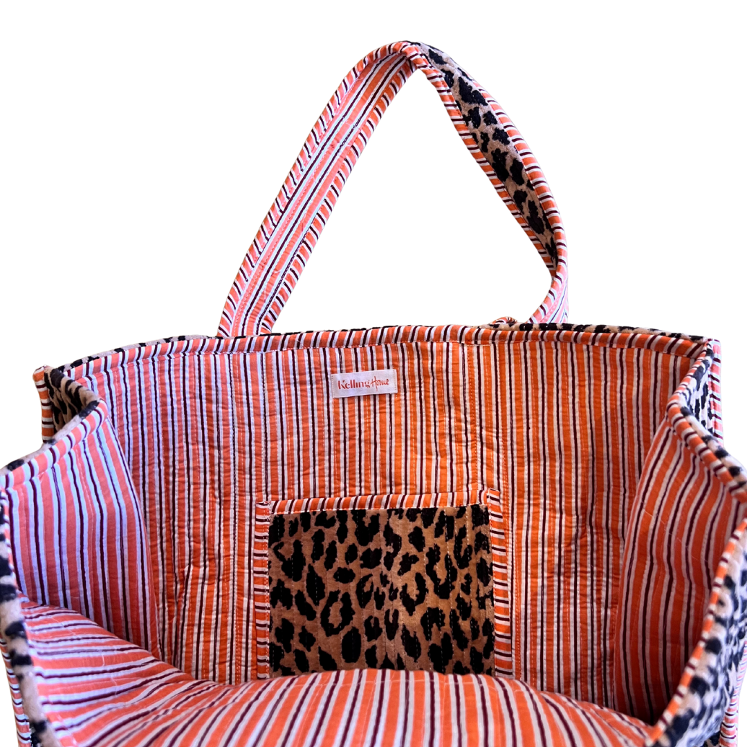 Kelling Home Velvet Tote Bag – Leopard with Orange Trim