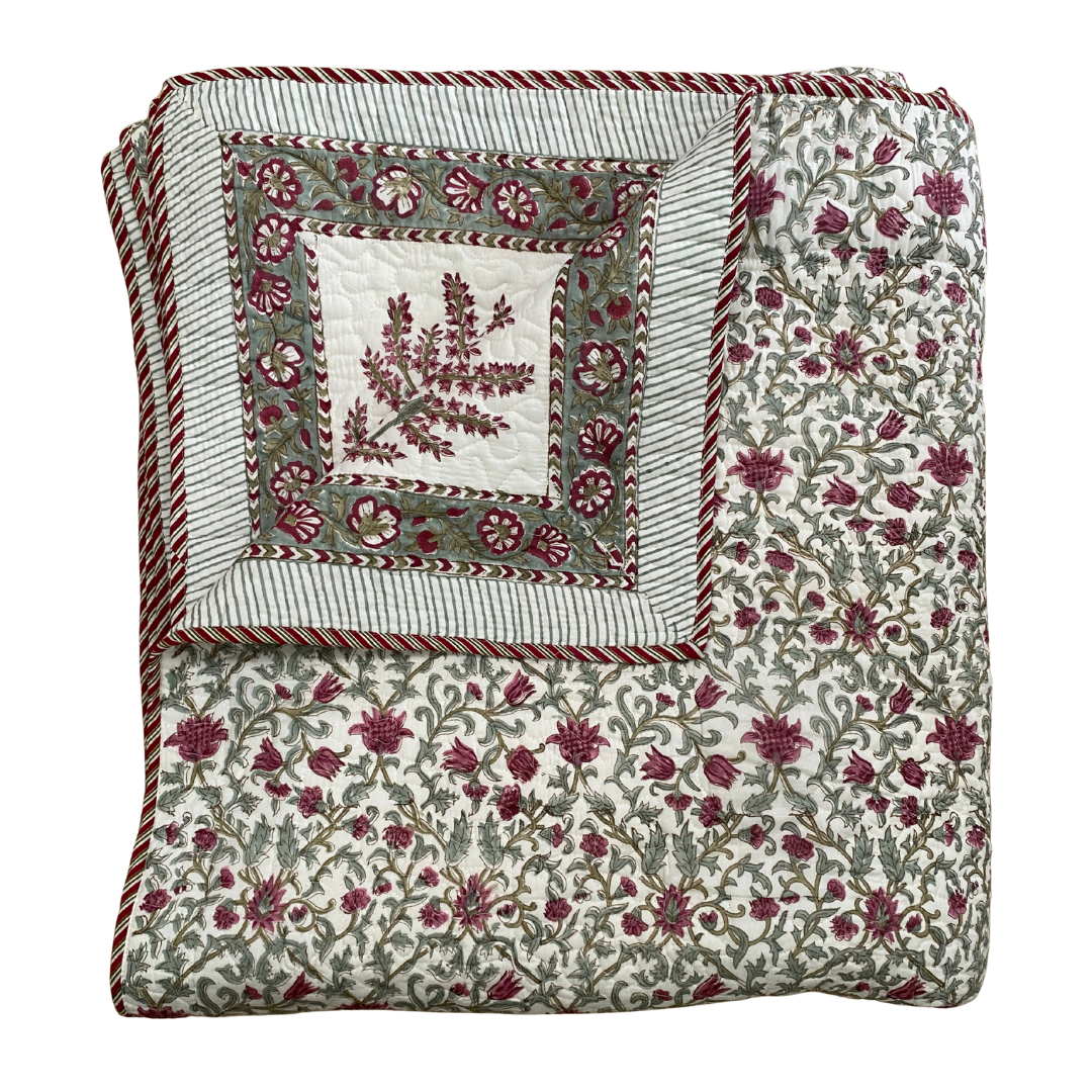 Large Green Floral Vine Cotton Quilted Bedspread with Pillowcases - King