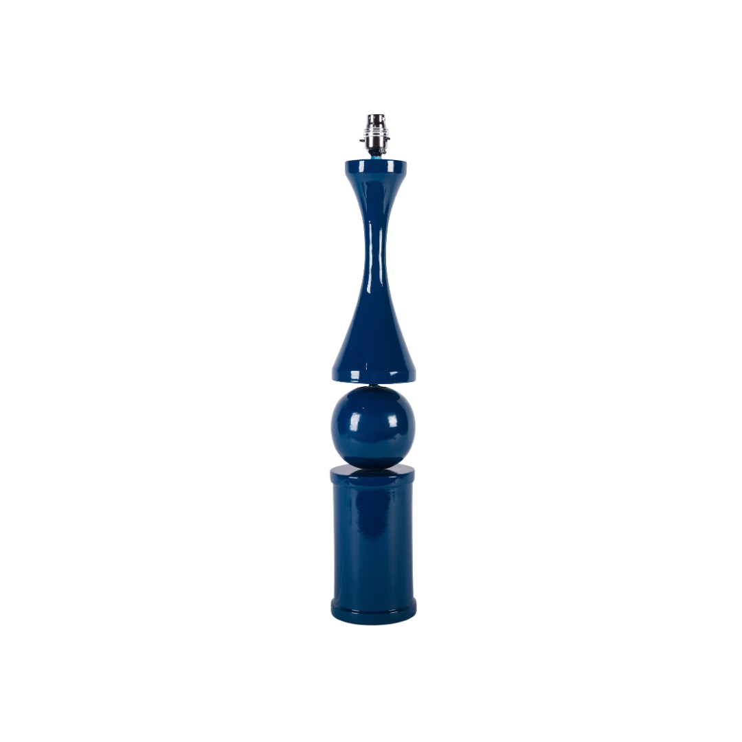 Blue lamp with a cylindrical base and spherical design on a white background