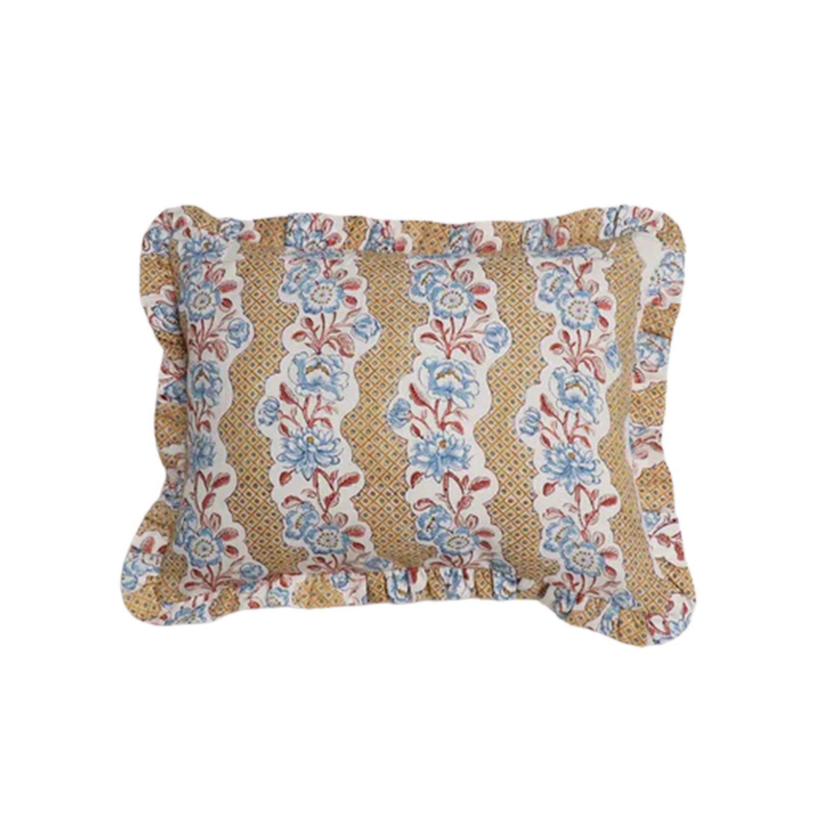 Yellow Blooming Trellis Block Printed Ruffled Cushion Cover