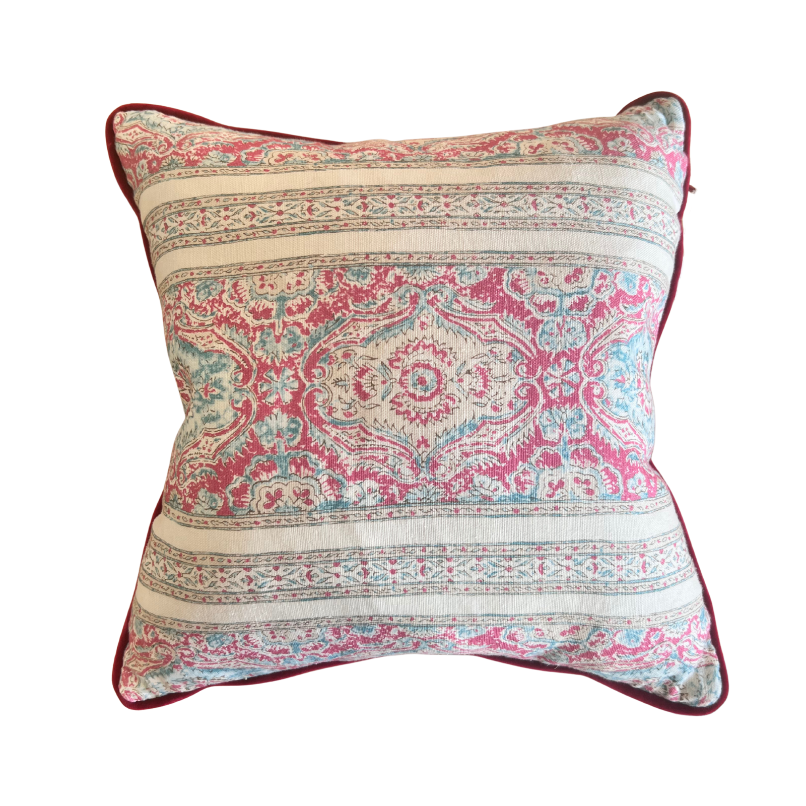 Pink & Blue Cushion with Velvet Cherry Piping