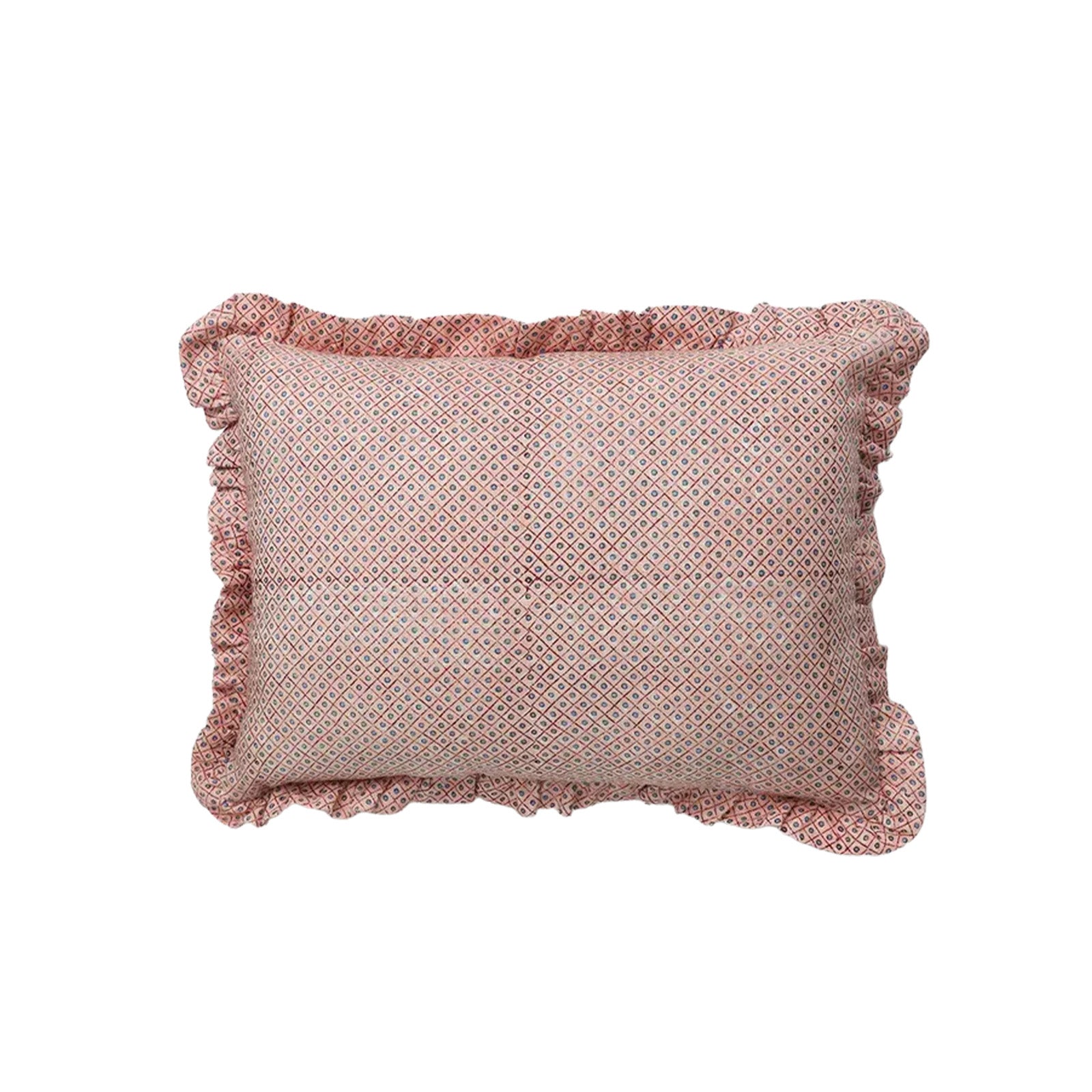 Pink textured pillow with ruffled edge on a white background
