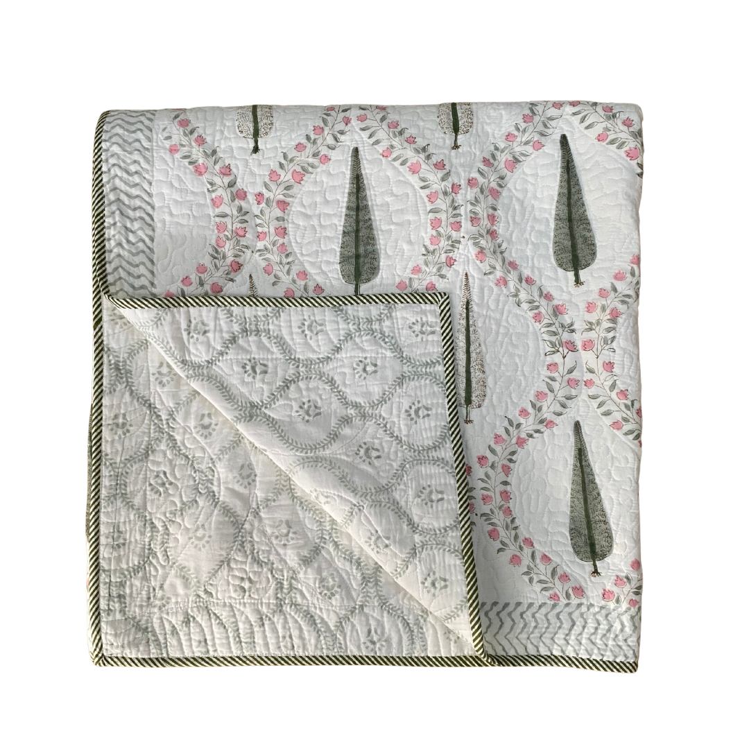 Pink Trellis with Green Leaves Bedspread with Pillowcases - Single