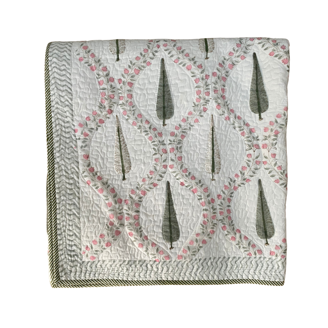 Pink Trellis with Green Leaves Bedspread with Pillowcases - Single