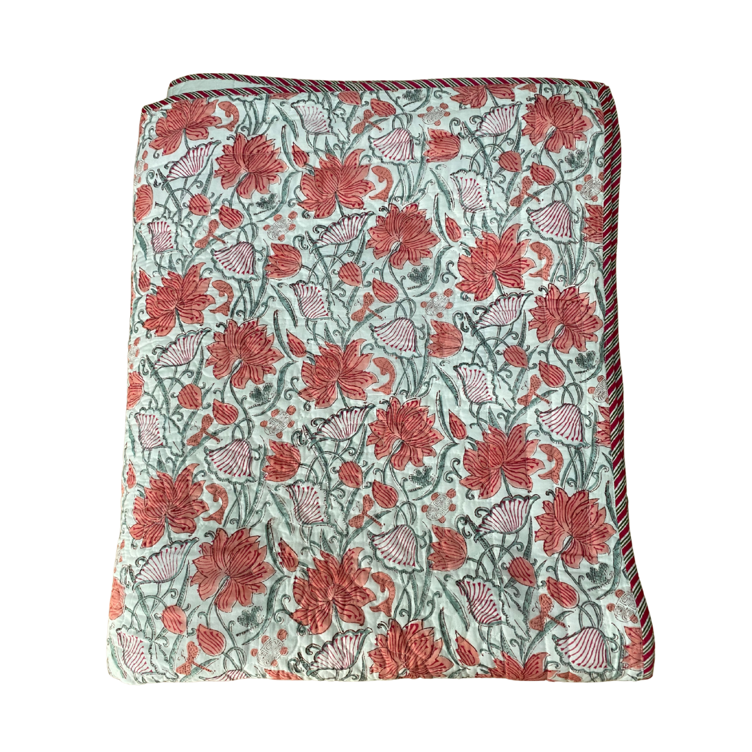 Pink,Yellow and Blue Flower with Red Stripe Bedspread - Double