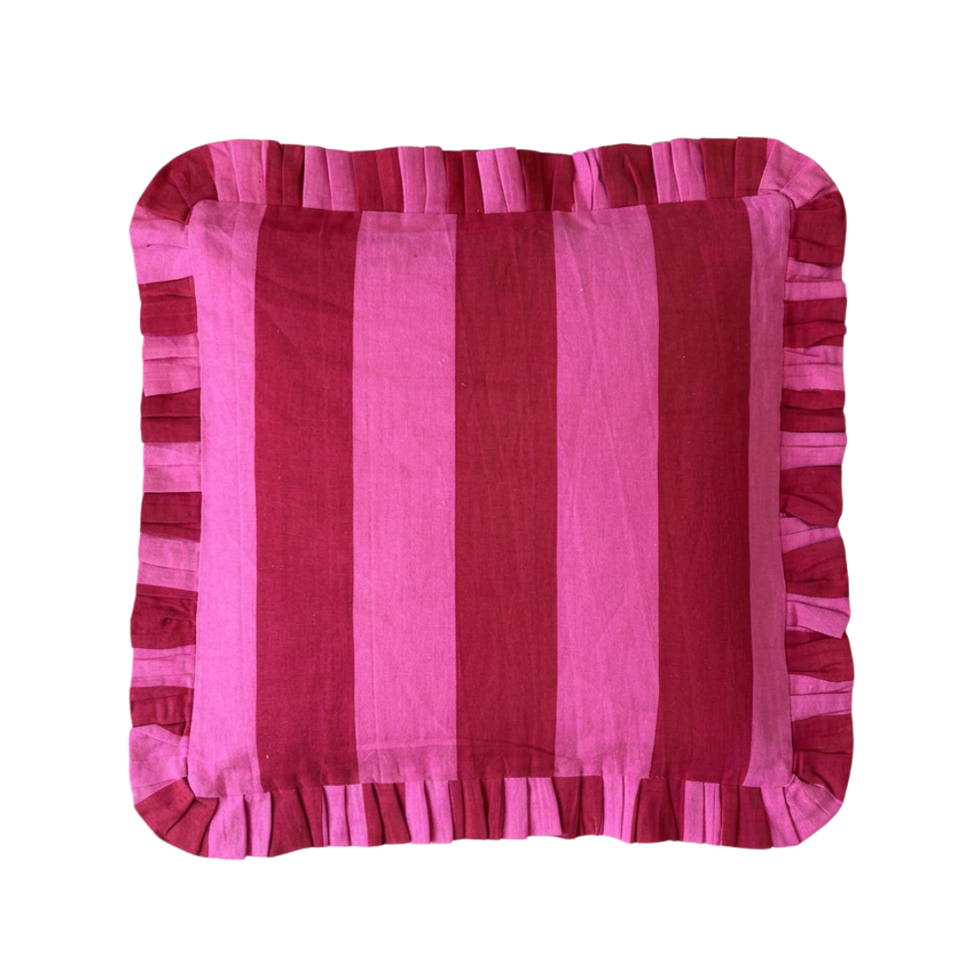 Linen Ruffle Cushion Cover - Pink and Red