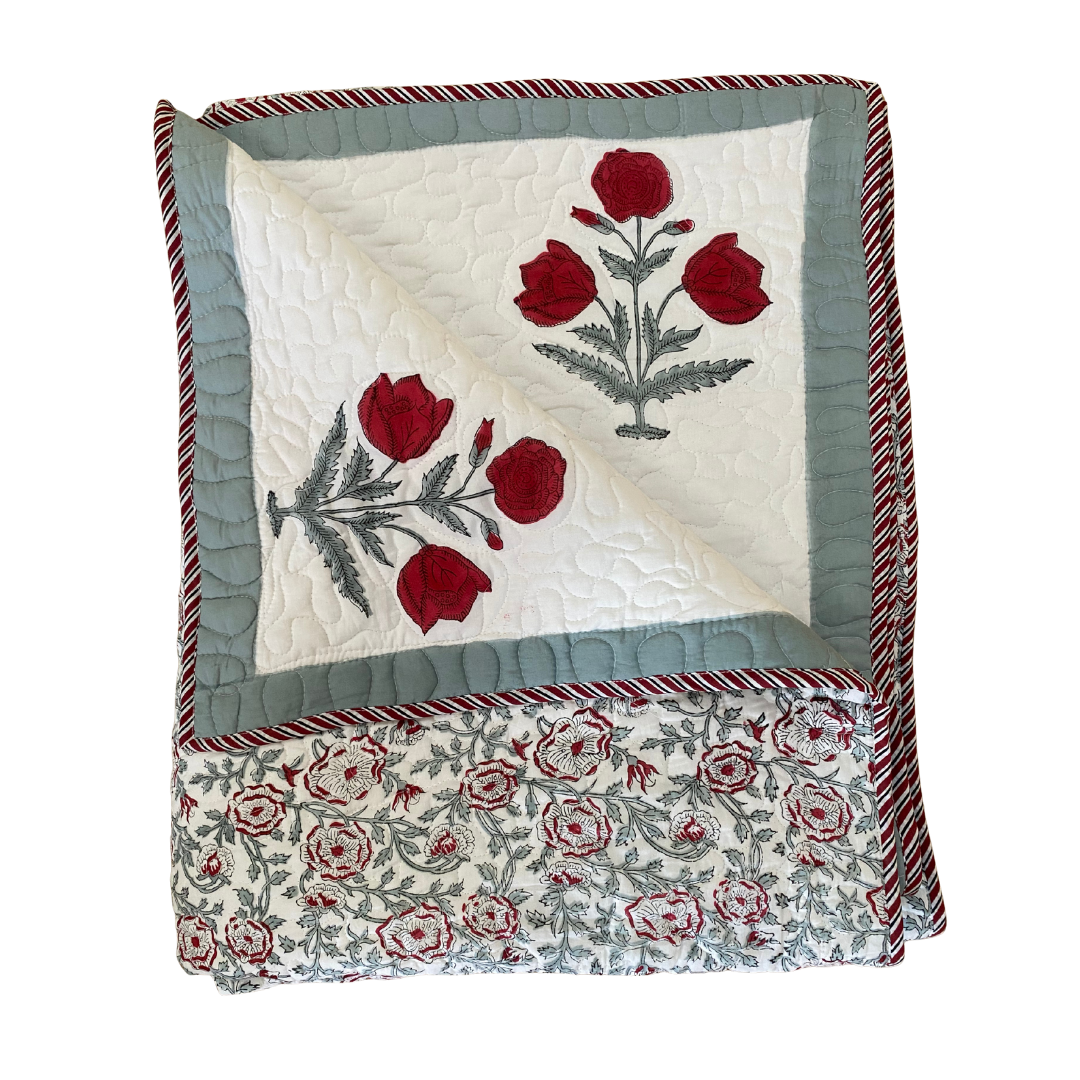 Quilted Bedspread with Red Rose and Stripe - Double