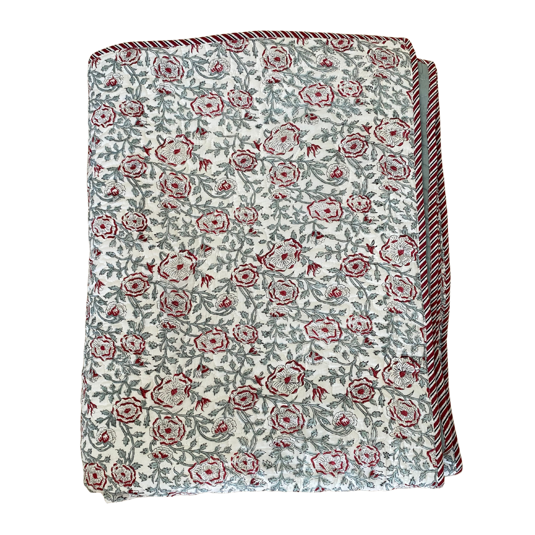 Quilted Bedspread with Red Rose and Stripe - Double